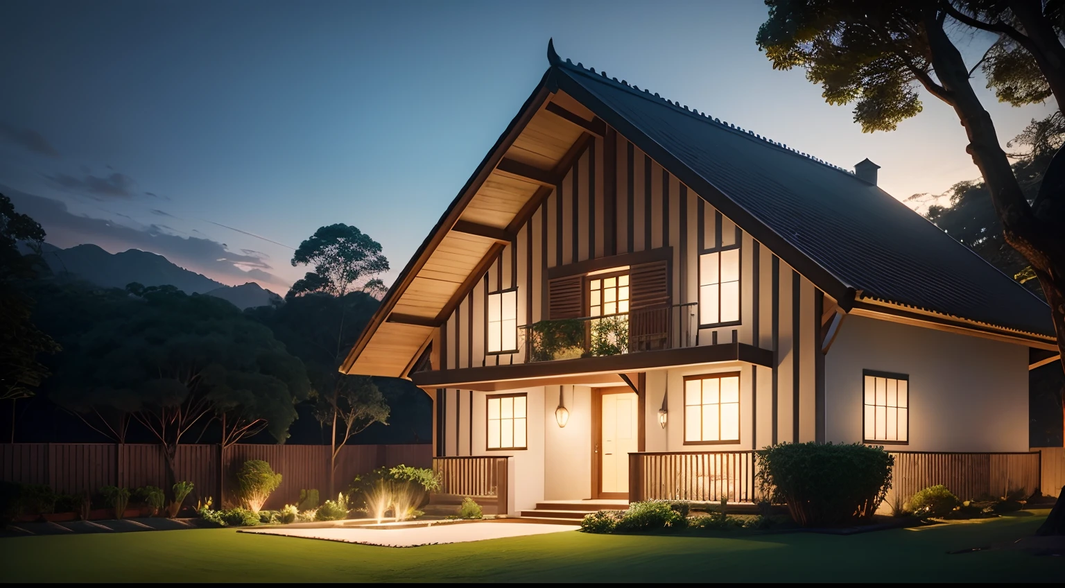 Casa no campo, no meio da floresta, campo gramado em volta, rio com peixes pulando, cinematic quality, night ligthning, Lumion Pro rendering.