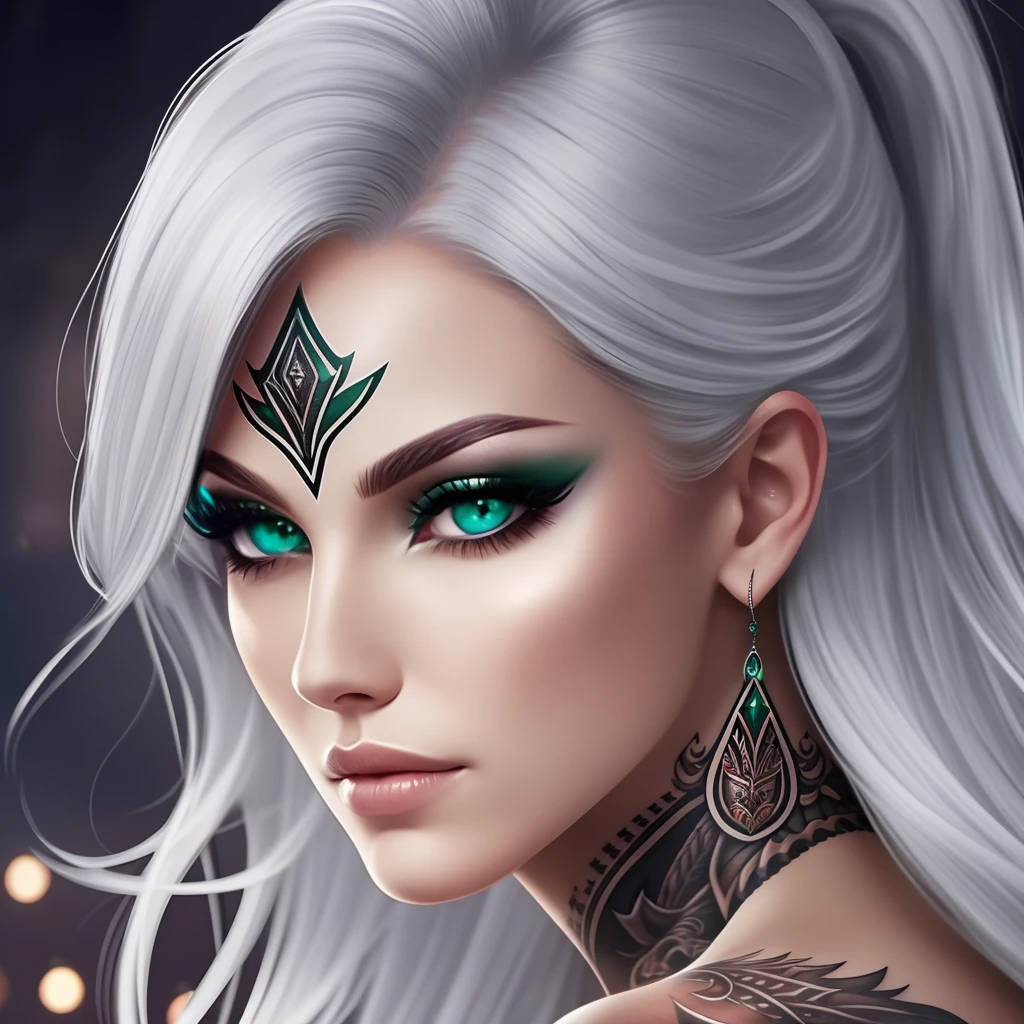 silver hair emerald eye warrior high warlock female tattoo high cheekbone strong expression angelic quality --auto --s2