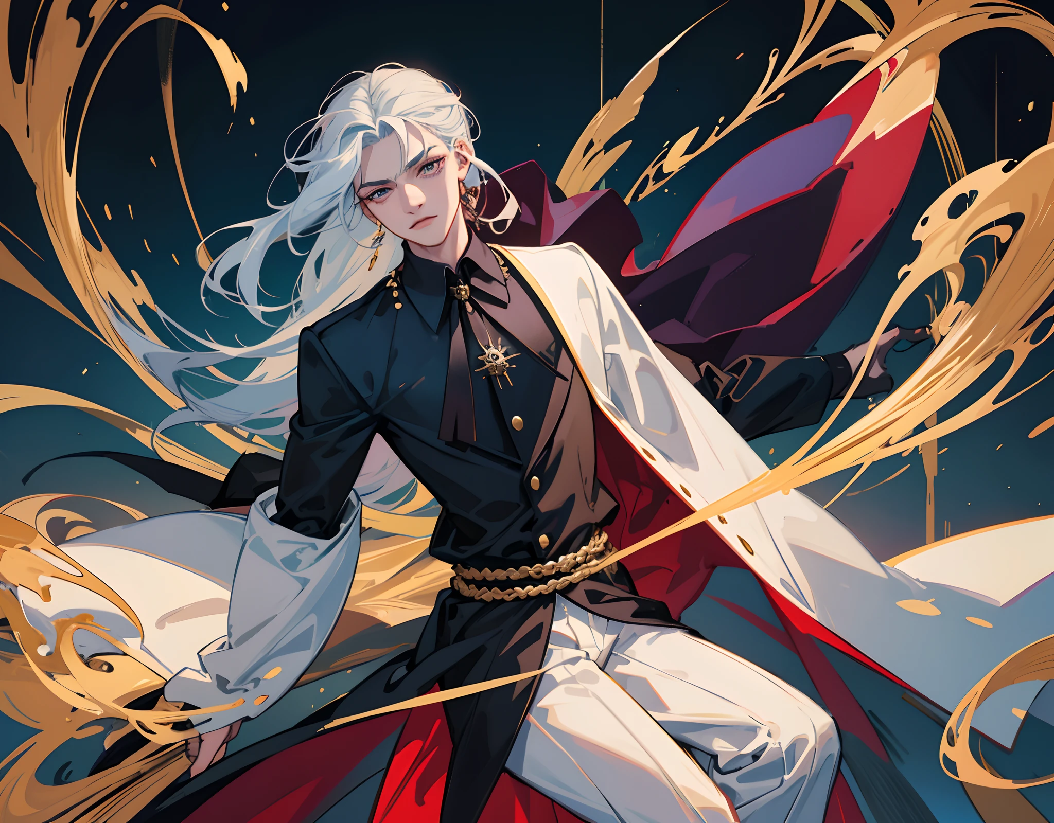 2d illustration, melhor qualidade, ultra detalhado, 32k, lorde vampiro, homem, cabelo branco longo, usando uma roupa elegante, fundo com um castelo a luz de vela