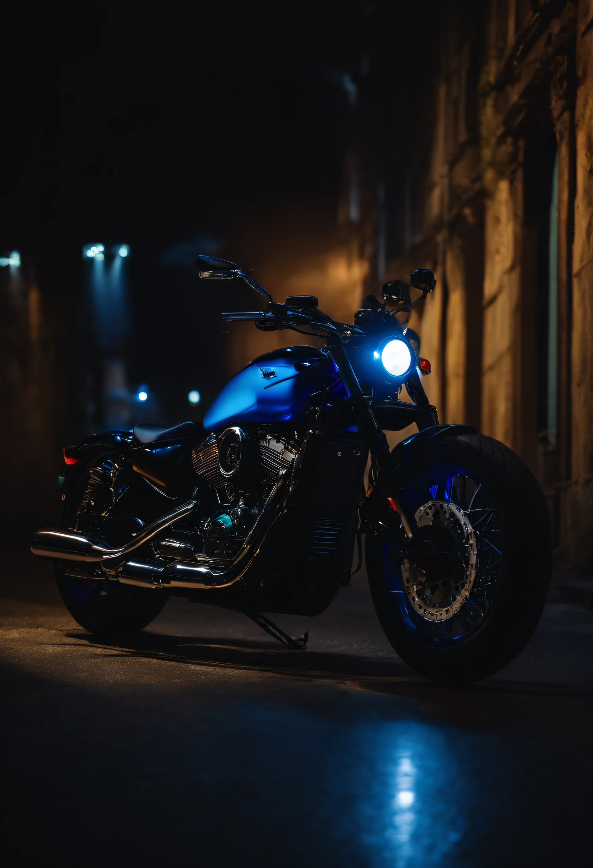 Motocicleta preta, com raios de luzes lateral , na cor ,azul,roxa,vermelho,verde,azul celeste .