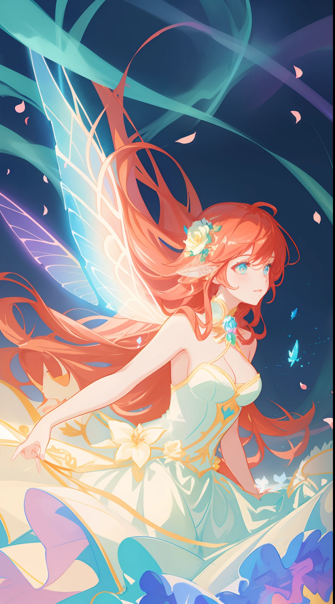 beautiful girl in flowing ballgown dress, (glowing fairy wings), glowing flowing ballgown, intricately detailed fairy ballgown, layered gown made of flower petals, layered ballgown dress, fairy queen, beautiful fairy queen, regal, magical, sparkling, glowing fairy lights, long wavy red hair, sparkling fairy wings, watercolor illustration, flowers and colorful plants, inspired by Glen Keane, inspired by Lois van Baarle, disney art style, by Lois van Baarle, glowing aura around her, by Glen Keane, jen bartel, glowing lights! digital painting, flowing glowing hair, glowing flowing hair, beautiful digital illustration, fantasia otherworldly landscape plants flowers, beautiful, masterpiece, best quality, anime disney style