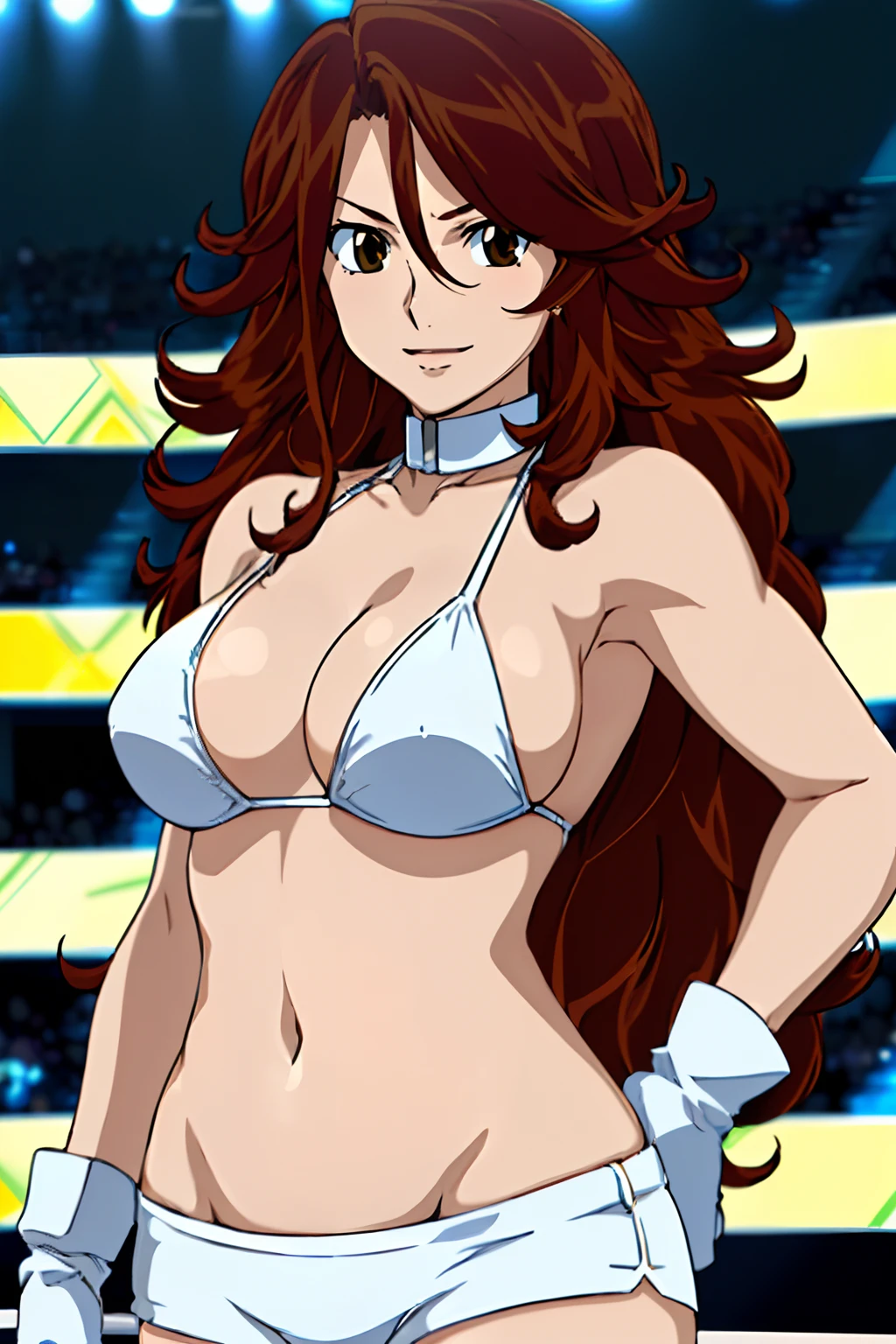 punching, Elegant lady, (upper body view), anime style: 1.8, anime drawing, ultra detailed face, ultra detailed body, 4k, Sumergai Lee Noriega, (standing), best quality, anime style, hires, highest definition, digital blending, bold drawing lines, ((wwe diva), (location: wrestling arena, crowds watching), ( slim body, little biceps, , off-shoulders, (curvy: 2.8)), ((white bikini, shorts,, white gloves, collar, elbow pad)), victorious, winner, gentle, (pale skin, shiny skin, very big breasts, smile), (big eyes, brown eyes), (clapping), (brown hair, loose hair, curly hair, wavy hair, long hair, missy hair), 27 years old,