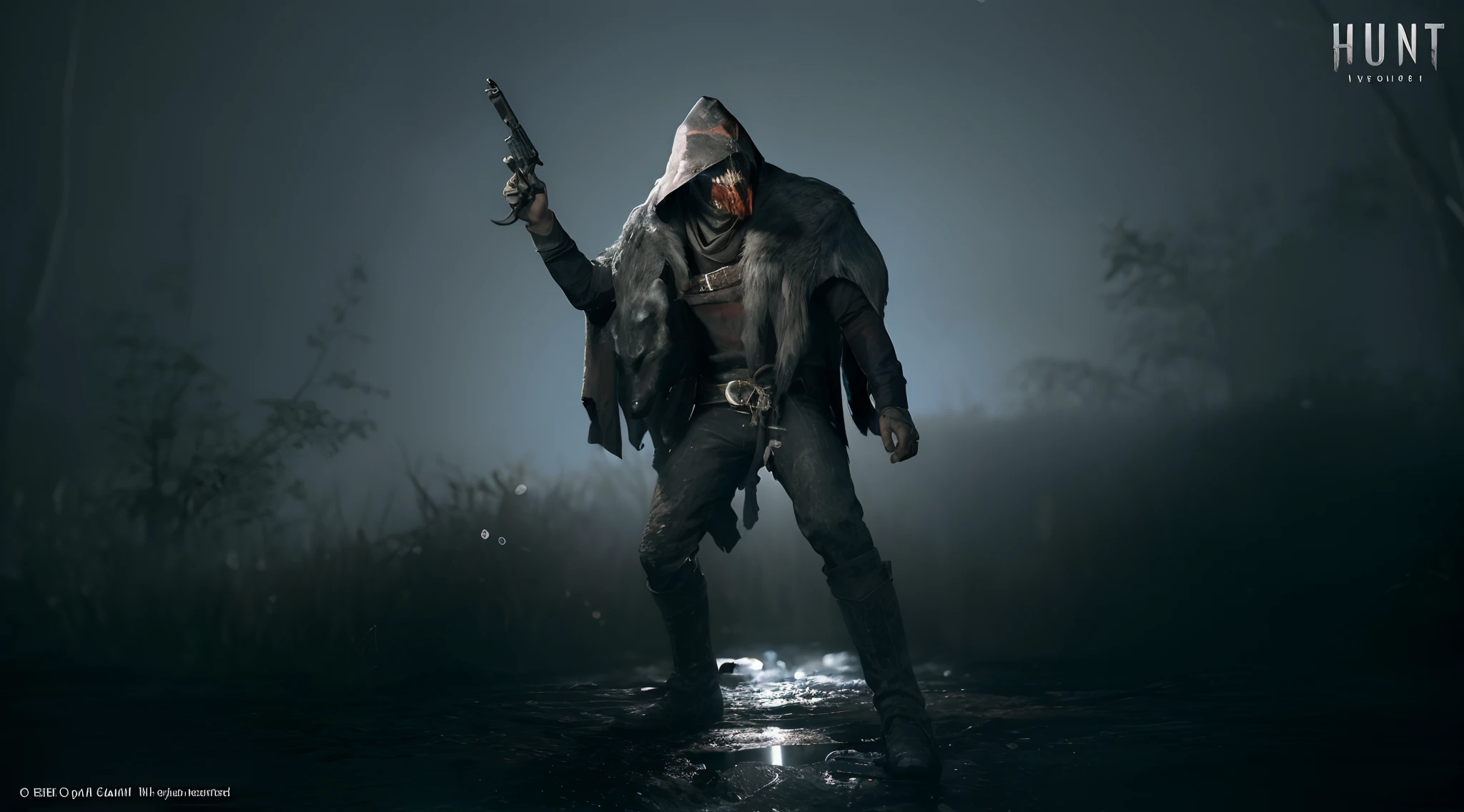 "Create an AI-generated artwork featuring 'The Lonely Howl,' a feared hunter from Hunt Showdown. The eerie atmosphere of a Louisiana bayou forms the backdrop. 'The Lonely Howl' stands in the moonlight, clad in the pelt of a majestic grey wolf. The top part of the wolf's skull is affixed to his head like a macabre mask, giving him an unsettling visage. In his grip, he holds a 45 Smith & Wesson revolver, its barrel gleaming ominously. The shadows cast by the moonlight should emphasize the hunter's menacing presence as he stands ready for the hunt."