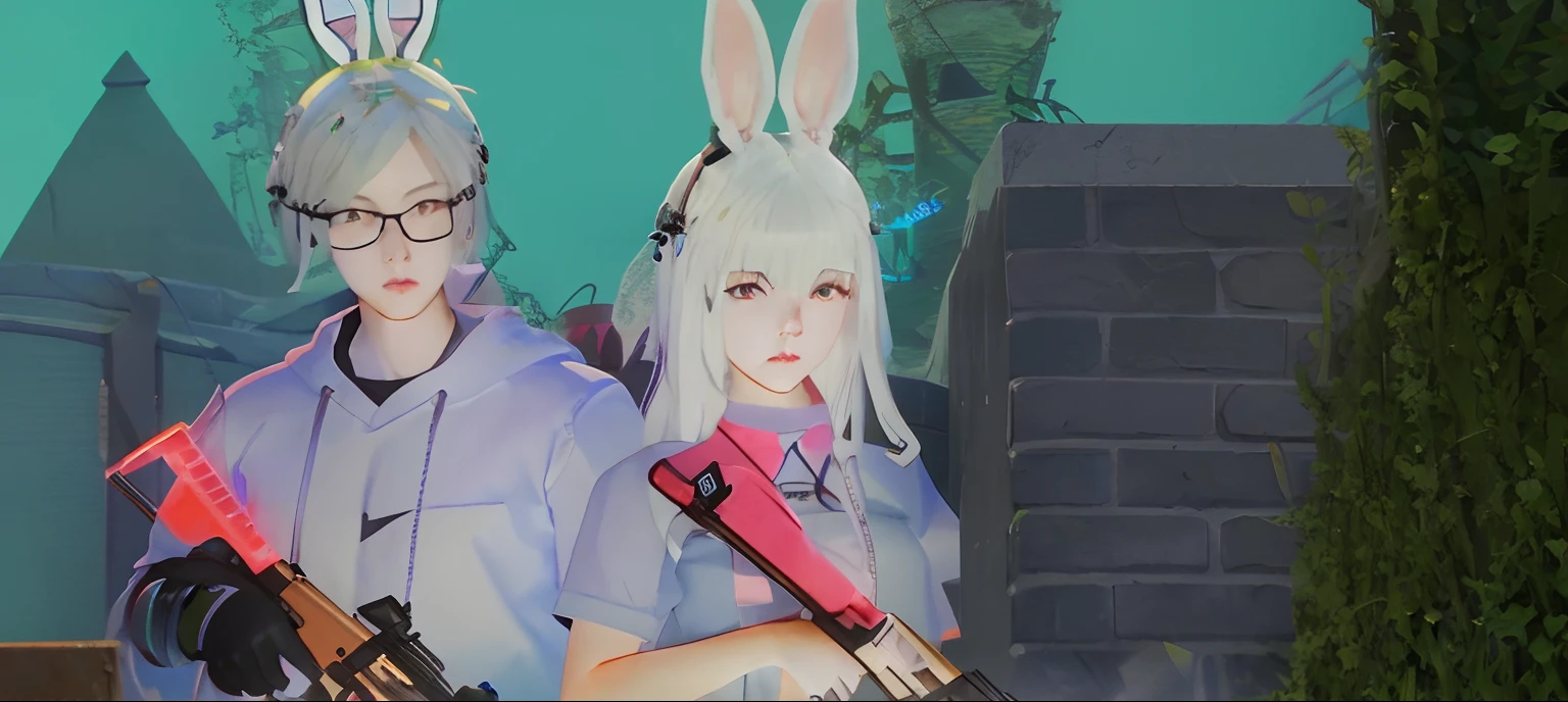 there are two people with bunny ears holding guns in front of a wall, m4 sopmod ii girls frontline, wearing cybernetic bunny ears, with big rabbit ears, e - girl, e-girl, with bunny ears, <mmorpgs scene, bunny girl, in - game, in-game, ultrarealistic sweet bunny girl, in game