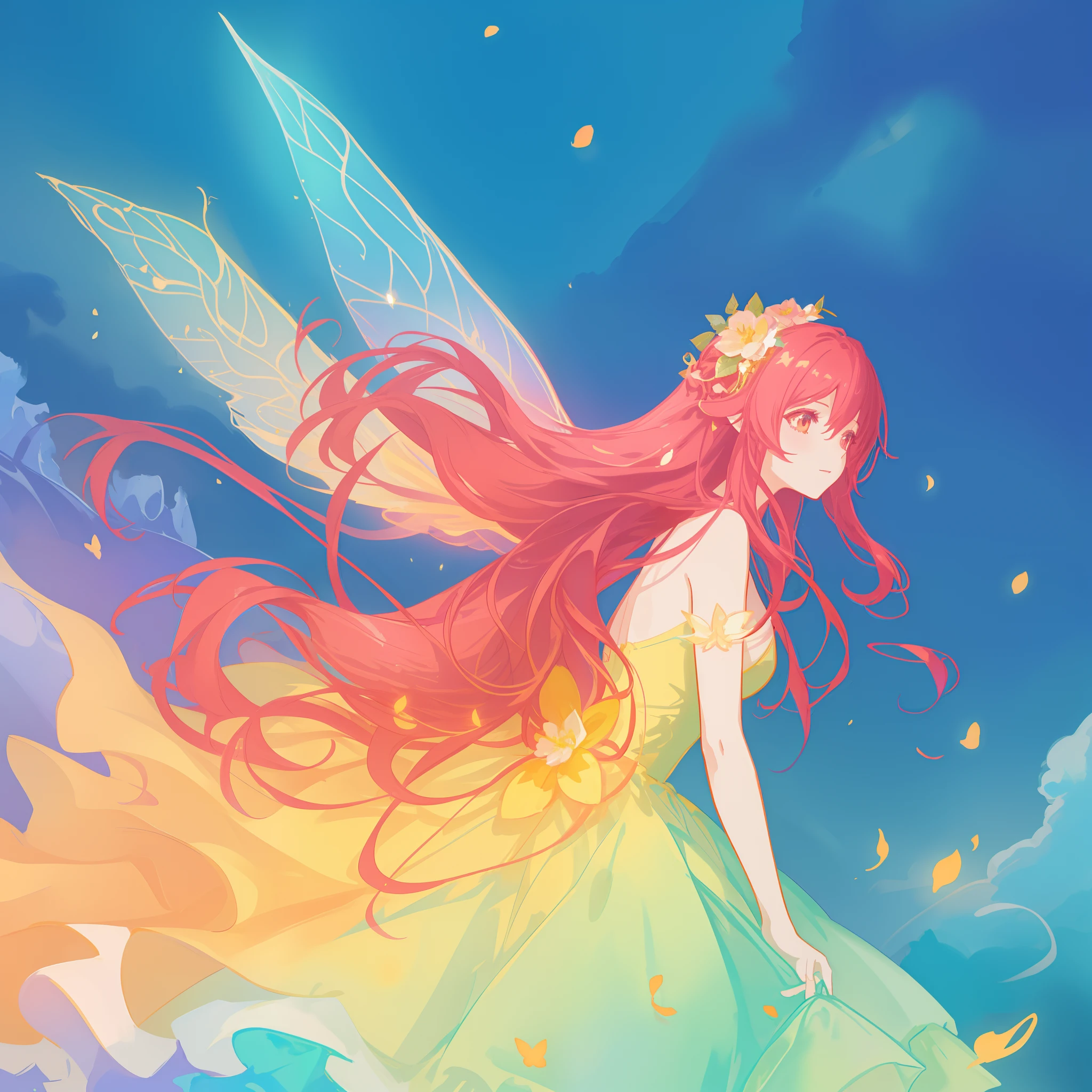 beautiful girl in flowing ballgown dress, (glowing fairy wings), glowing flowing ballgown, long wavy hair, sparkling fairy wings, watercolor illustration, flowers and colorful plants, inspired by Glen Keane, inspired by Lois van Baarle, disney art style, by Lois van Baarle, glowing aura around her, by Glen Keane, jen bartel, glowing lights! digital painting, flowing glowing hair, glowing flowing hair, beautiful digital illustration, fantasia otherworldly landscape plants flowers, beautiful, masterpiece, best quality, anime disney style
