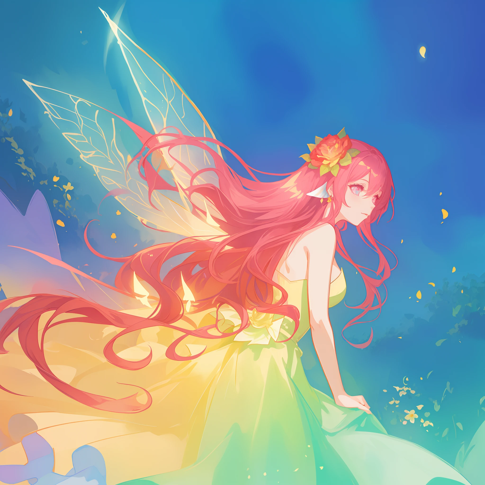 beautiful girl in flowing ballgown dress, (glowing fairy wings), glowing flowing ballgown, long wavy hair, sparkling fairy wings, watercolor illustration, flowers and colorful plants, inspired by Glen Keane, inspired by Lois van Baarle, disney art style, by Lois van Baarle, glowing aura around her, by Glen Keane, jen bartel, glowing lights! digital painting, flowing glowing hair, glowing flowing hair, beautiful digital illustration, fantasia otherworldly landscape plants flowers, beautiful, masterpiece, best quality, anime disney style