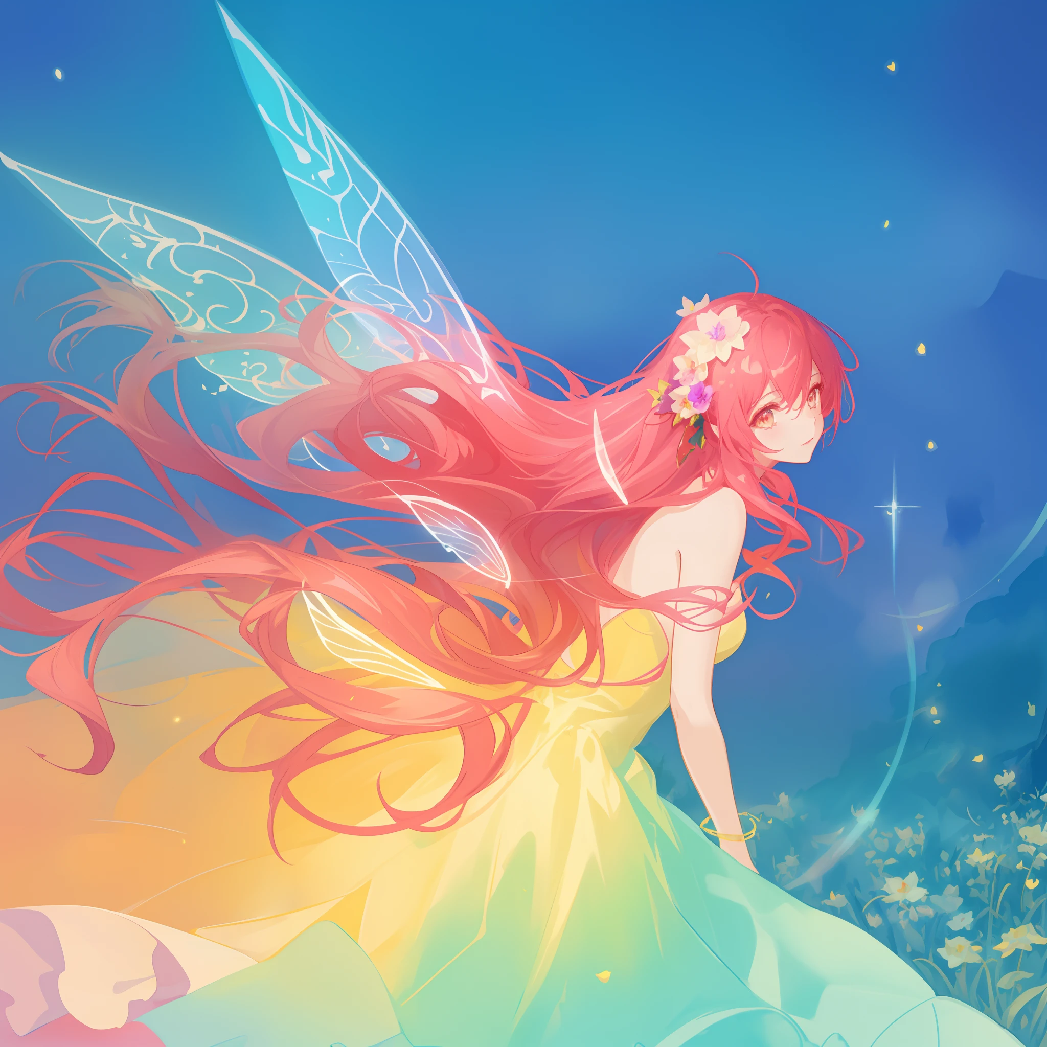 beautiful girl in flowing ballgown dress, (glowing fairy wings), glowing flowing ballgown, long wavy hair, sparkling fairy wings, watercolor illustration, flowers and colorful plants, inspired by Glen Keane, inspired by Lois van Baarle, disney art style, by Lois van Baarle, glowing aura around her, by Glen Keane, jen bartel, glowing lights! digital painting, flowing glowing hair, glowing flowing hair, beautiful digital illustration, fantasia otherworldly landscape plants flowers, beautiful, masterpiece, best quality, anime disney style