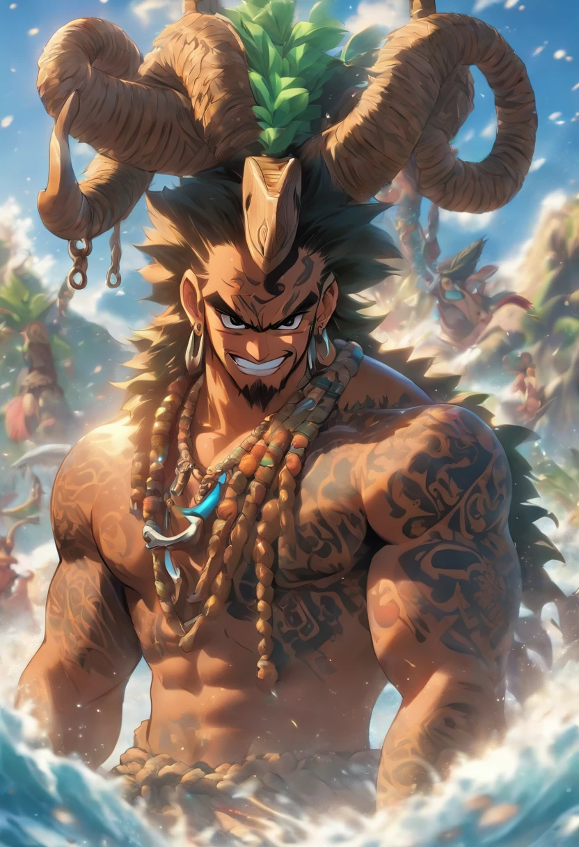 (((Man with hook)) best quality, ultra-high resolution, 4K detailed CG, master piece, Maui, Young, Hawaiian clothing, Hawaii, Maori tattoos, Maori mythology, ((giant hook)), Maori image style, aesthetic, screen-centric, full body