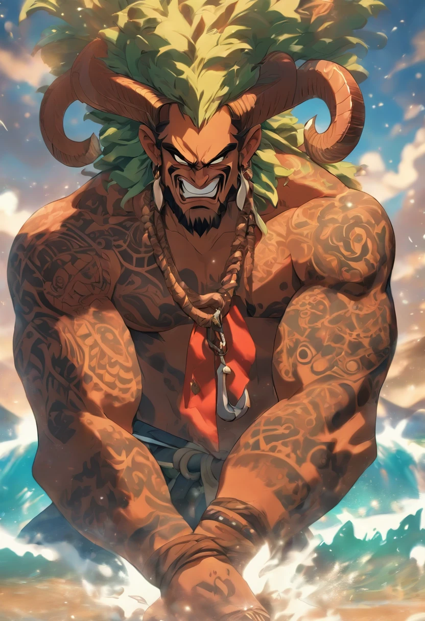 (((Man with hook)) best quality, ultra-high resolution, 4K detailed CG, master piece, Maui, Young, Hawaiian clothing, Hawaii, Maori tattoos, Maori mythology, ((giant hook)), Maori image style, aesthetic, screen-centric, full body