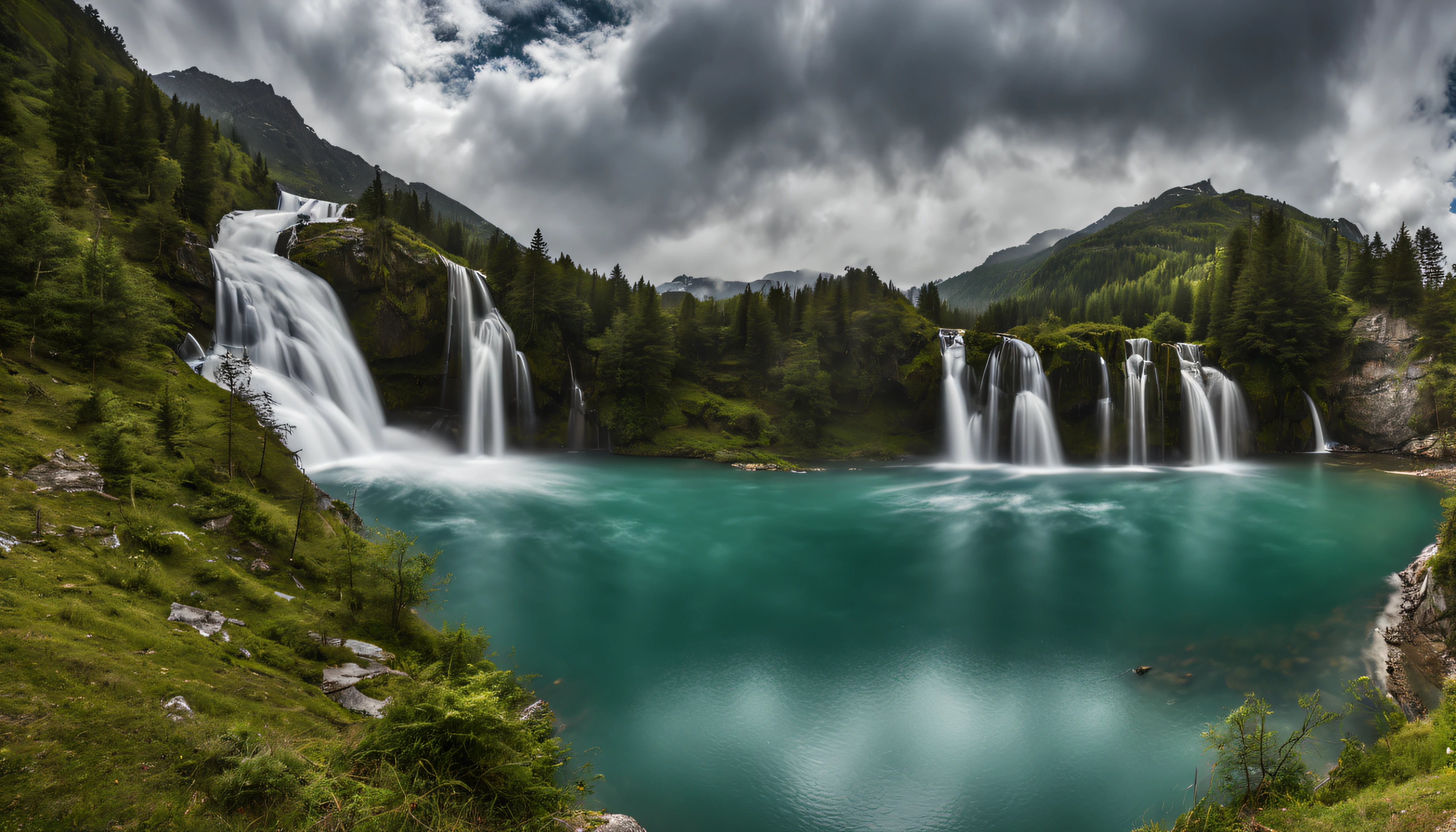 paysage, outdoor, ciel, nuage, jour, no humans, montagne, panorama, Eau, arbre, Ciel bleu, cascade, falaise, nature, lac, river, ciel nuageux