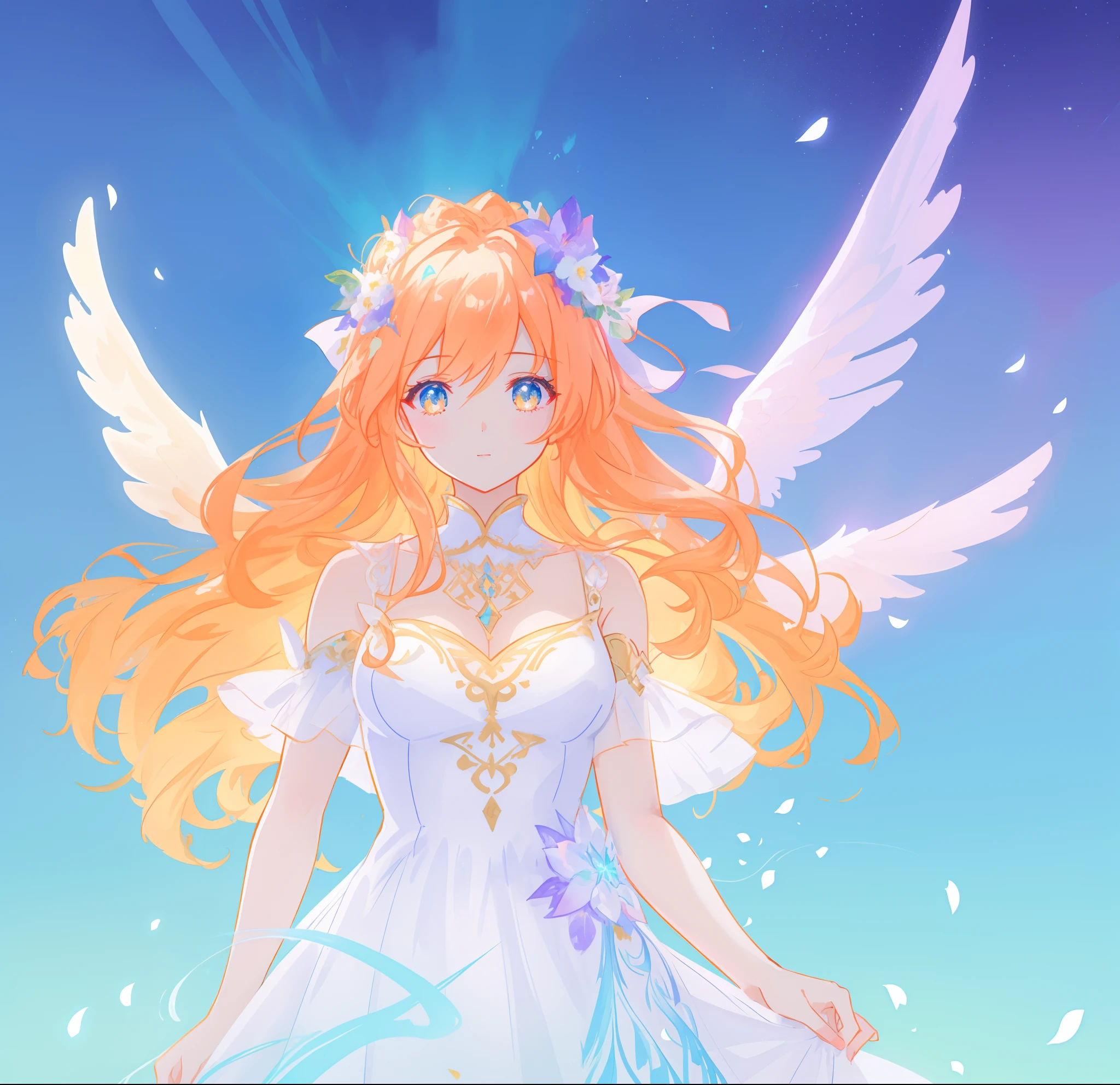 beautiful girl in flowing white dress, (glowing angel wings), glowing flowing ballgown, long wavy hair, sparkling angel wings, watercolor illustration, flowers and colorful plants, inspired by Glen Keane, inspired by Lois van Baarle, disney art style, by Lois van Baarle, glowing aura around her, by Glen Keane, jen bartel, glowing lights! digital painting, flowing glowing hair, glowing flowing hair, beautiful digital illustration, fantasia otherworldly landscape plants flowers, beautiful, masterpiece, best quality, anime disney style