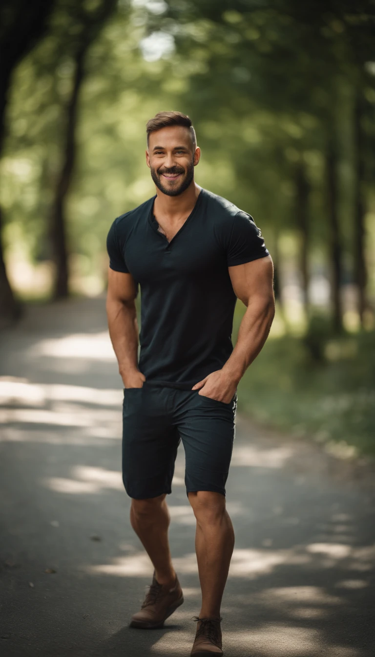 (best quality, professional photo:1.2), portrait, handsome man with short hair, fitness model, big testicles, smiling, natural environment, walking in a beautiful park, bokeh, in motion