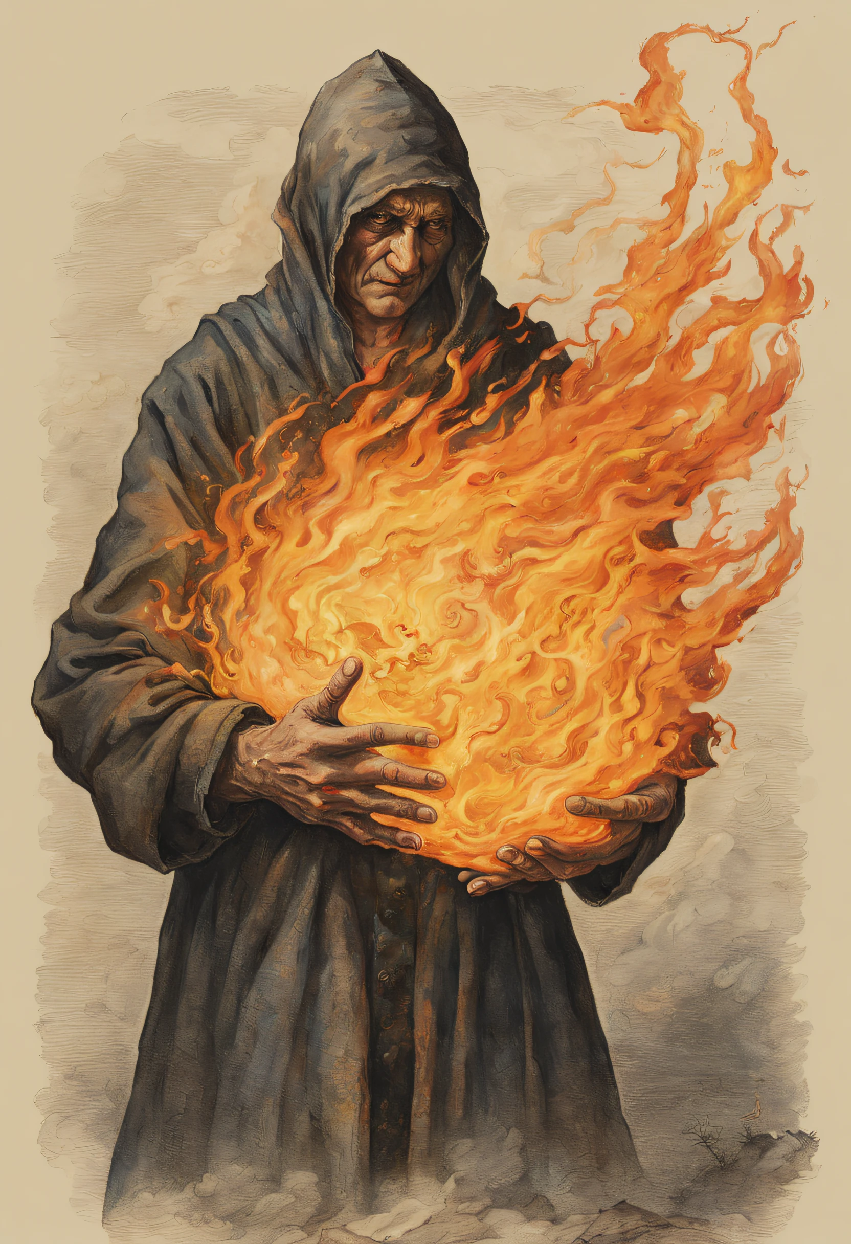 Un sorcier pyromane invoquant des boules de feu dans ses mains, Il a un corps maigre et a l'air un peu fou.His head is covered in wounds