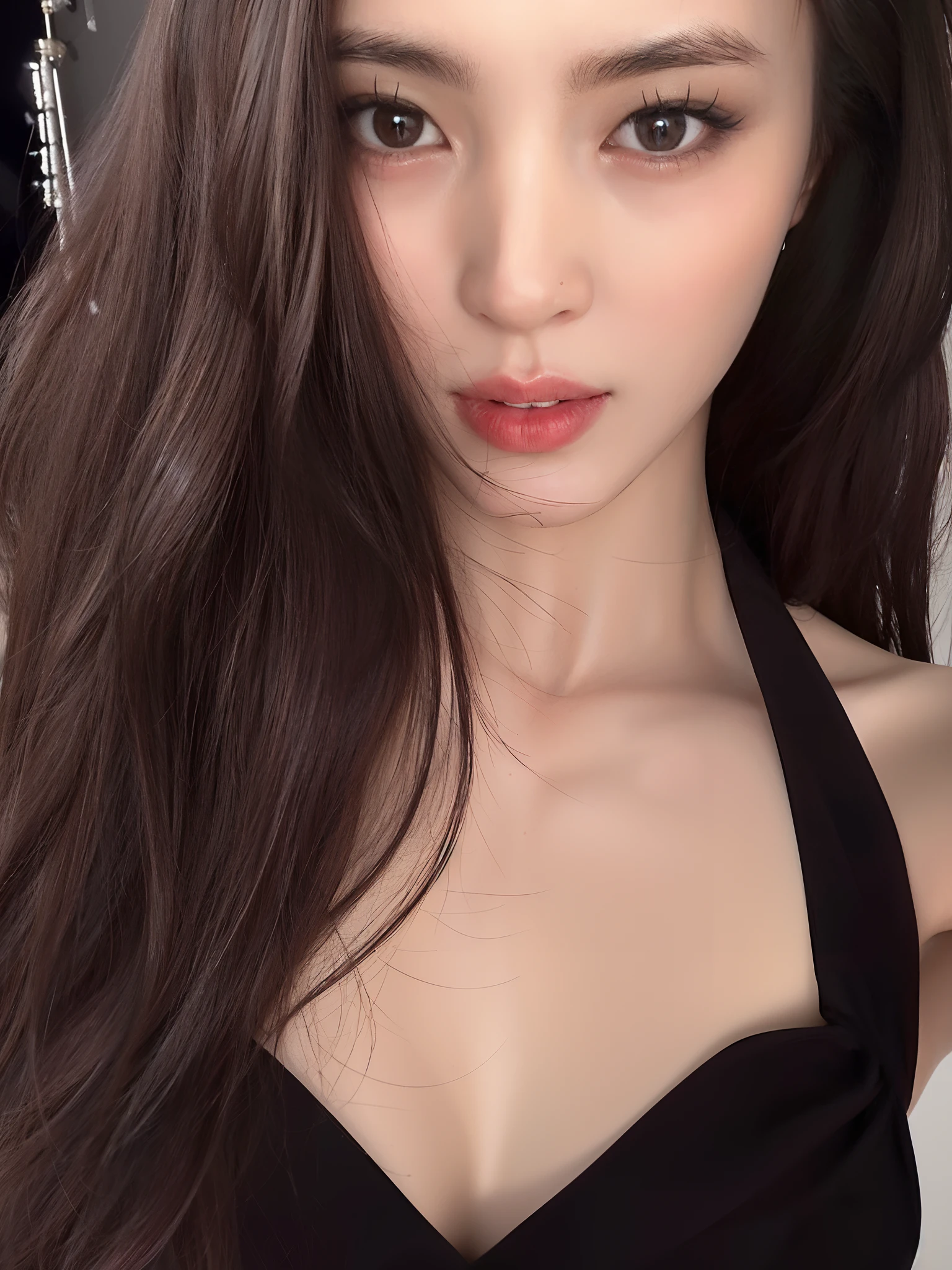 um close up de uma mulher com cabelos longos usando um vestido preto, Mulher sul-coreana bonita, with very thin lips, linda mulher coreana jovem, Xision Wu, coreana, Ulzzang, pale thin lips, mulher coreana jovem bonita, Jaeyeon Nam, Heonhwa Choe, dilraba dilmurat, with pale skin, Gongbi