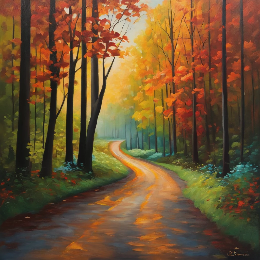 a painting of a road inside a forest with colorful trees , an oil on canvas painting by Olivia Peguero, behance contest winner, oil on canvas, acrylic art,