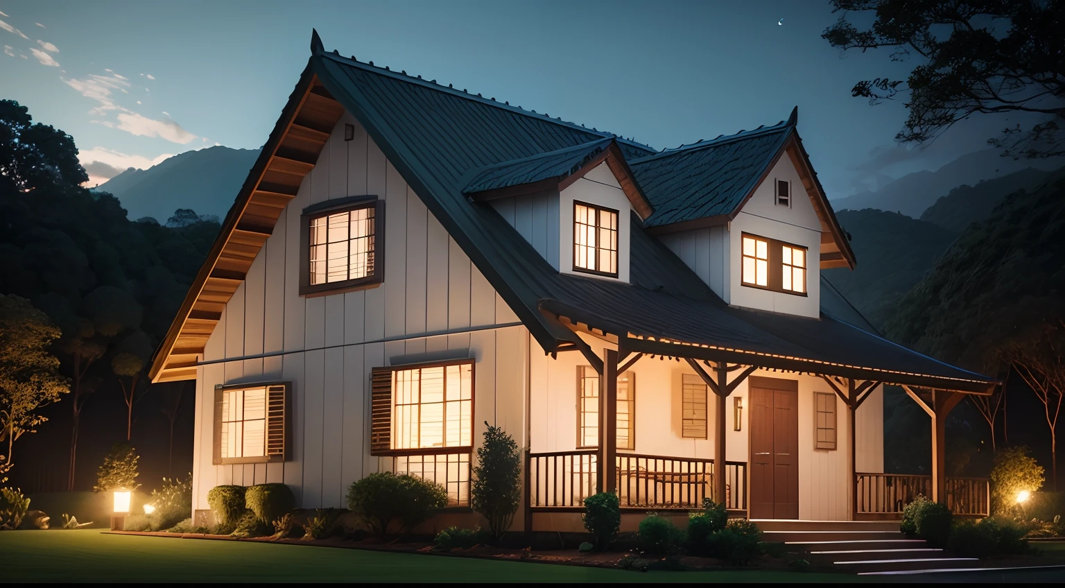 Casa no campo, no meio da floresta, campo gramado em volta, rio com peixes pulando, cinematic quality, night ligthning, Lumion Pro rendering.