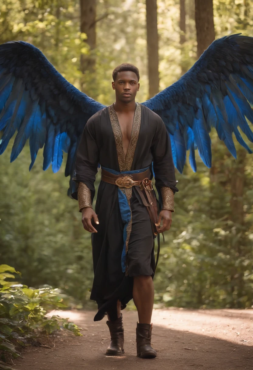 Black Demon Beautiful Male Black Man with Blue and Orange Details, Large Wings, Forest in the Background, Vibrant Colors, Full Body, Detailed Face, Detailed Hands, Detailed Legs, Detailed Fingers, Detailed Hair, Detailed Eyes, Detailed Skin, Lush Vegetation Blurred Background, Vibrant Colors, Lush Light, Soft Light, Sunset Light, Smooth Light, Symmetrical, Full Body, Reflections, HDR Dynamic Lighting, 8K Resolution, cinematic film, smooth, sharp focus, realistic, strobe light beams, ((blurred background)):1.7, (((depth of field)) ):1.8, cinestill 800t 35mm, high quality, heavy grain, high detail, cinematic composition, dramatic light, anamorphic, ultra wide lens, hyperrealistic