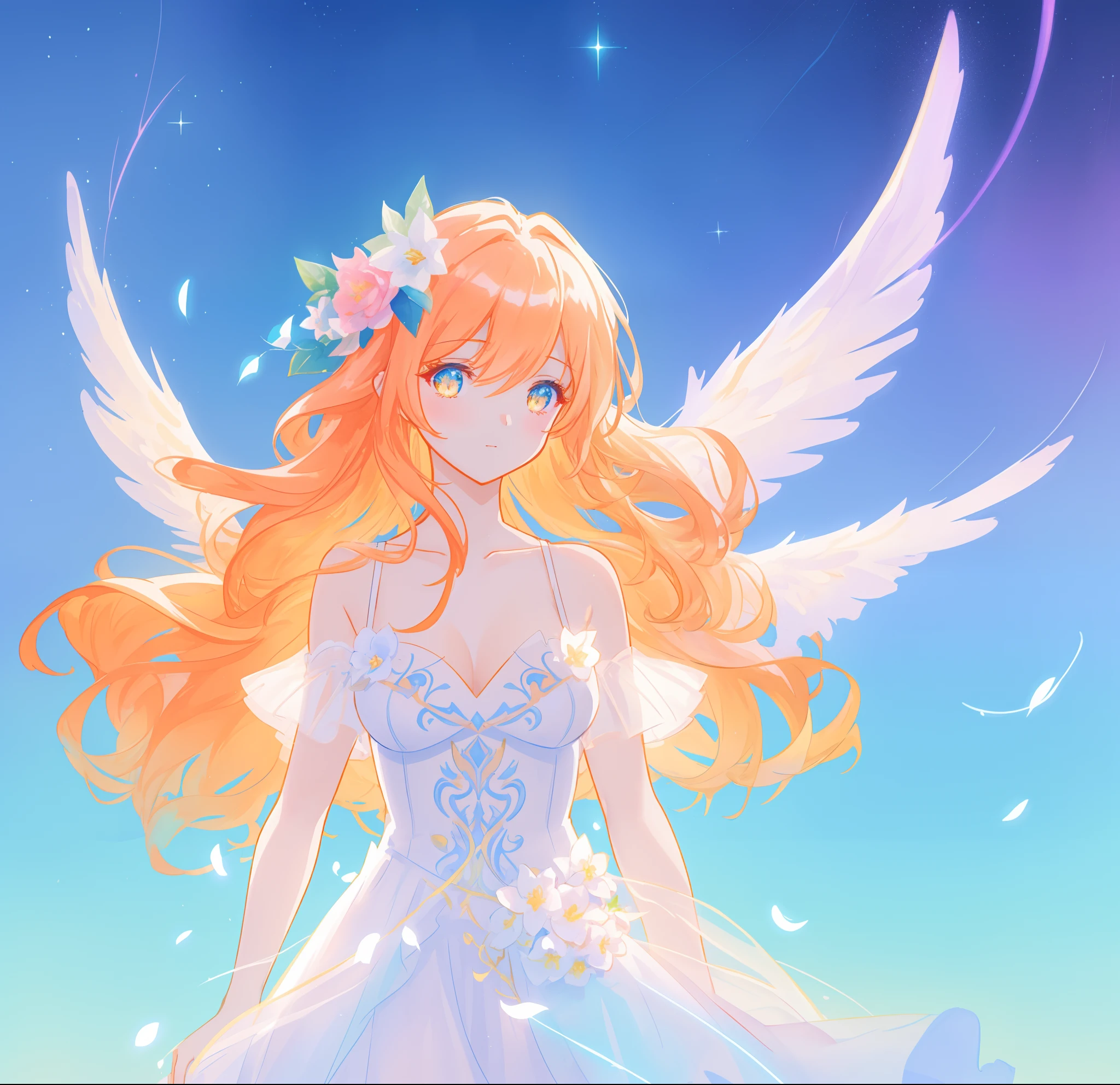 beautiful girl in flowing white dress, (glowing angel wings), glowing flowing ballgown, long wavy hair, sparkling angel wings, watercolor illustration, flowers and colorful plants, inspired by Glen Keane, inspired by Lois van Baarle, disney art style, by Lois van Baarle, glowing aura around her, by Glen Keane, jen bartel, glowing lights! digital painting, flowing glowing hair, glowing flowing hair, beautiful digital illustration, fantasia otherworldly landscape plants flowers, beautiful, masterpiece, best quality, anime disney style