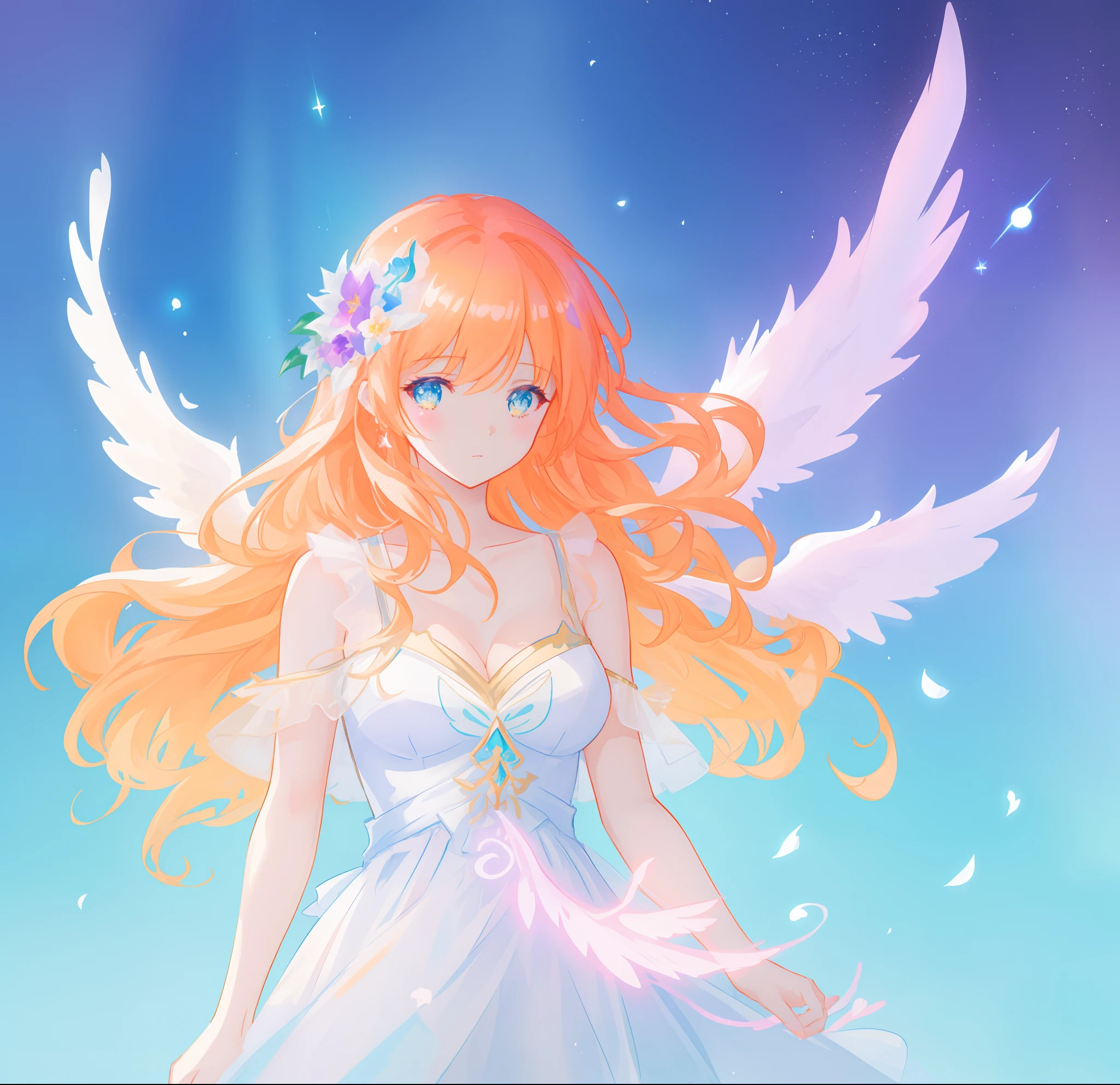 beautiful girl in flowing white dress, (glowing angel wings), glowing flowing ballgown, long wavy hair, sparkling angel wings, watercolor illustration, flowers and colorful plants, inspired by Glen Keane, inspired by Lois van Baarle, disney art style, by Lois van Baarle, glowing aura around her, by Glen Keane, jen bartel, glowing lights! digital painting, flowing glowing hair, glowing flowing hair, beautiful digital illustration, fantasia otherworldly landscape plants flowers, beautiful, masterpiece, best quality, anime disney style