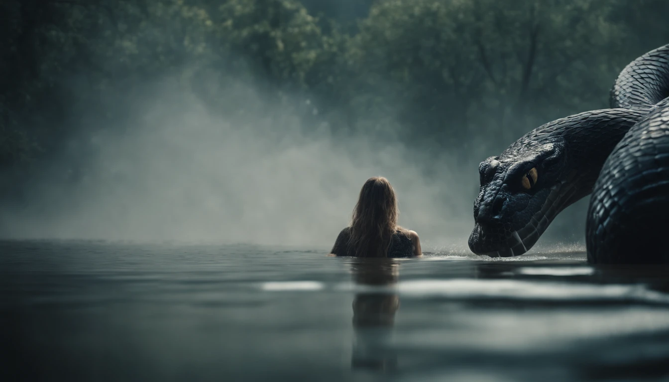 A giant snake vomiting a river of water to drown the woman. Biblical image of the Apocalypse