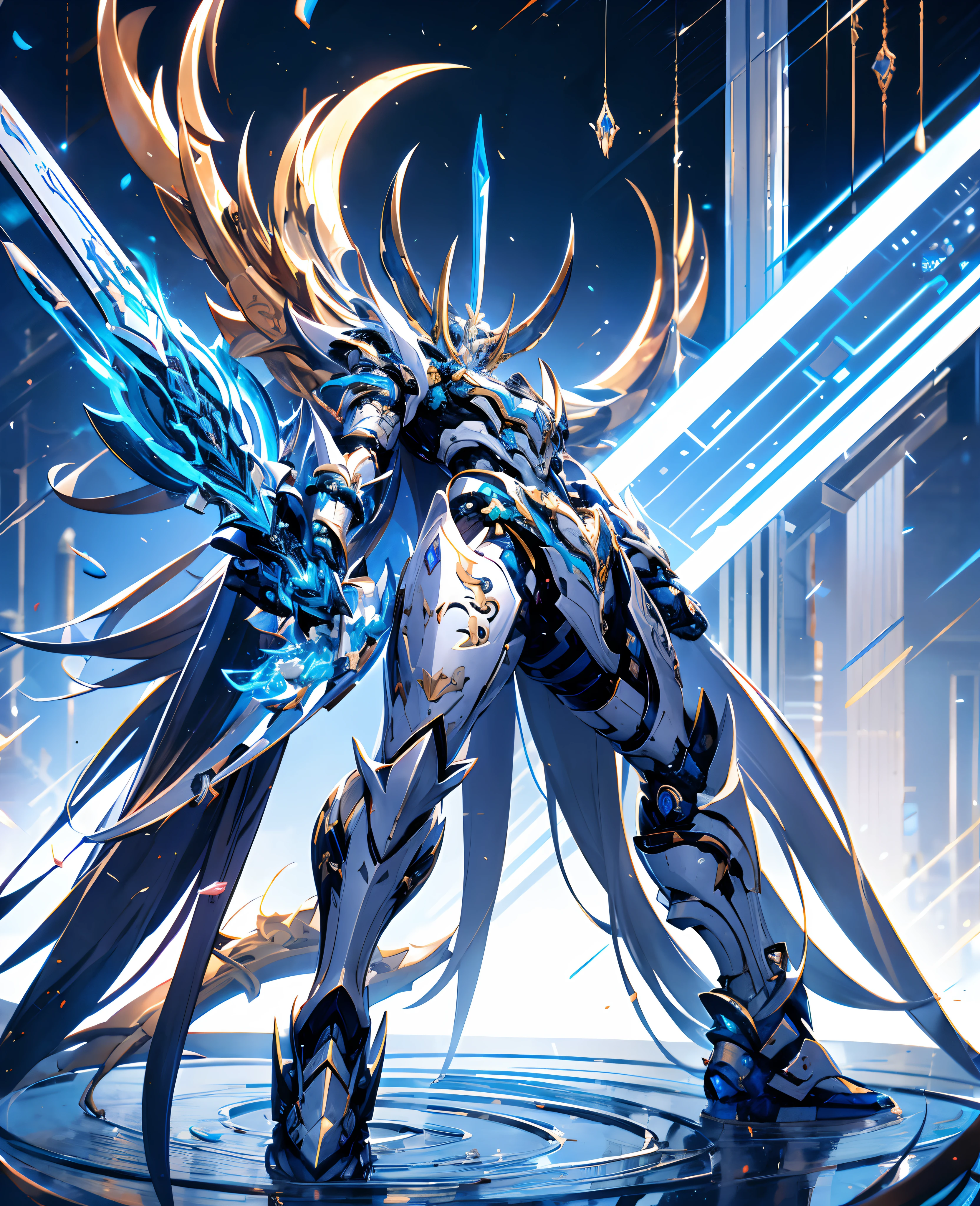 Futuristic tech style,Blue and white mech，All surrounded by particle dragons，With a spear，in a fighting stance，（《Romance of the Three Kingdoms》，《zhao yun》，Full body mecha,Fighting posture）, Keqing from Genshin Impact, (Masterpiece) ， The best quality， High quality，Gold armor，电影灯光， （Exquisite future）， Beautiful and beautiful， Ultra detailed， great composition， Floating， Depth of field， （Very detailed CG，Unity 8k壁纸）， （Beautiful detail background）， dramatic lights， GOGETTA， Mecha，best qualtiy，超高分辨率，Vivid Wait for it to begin