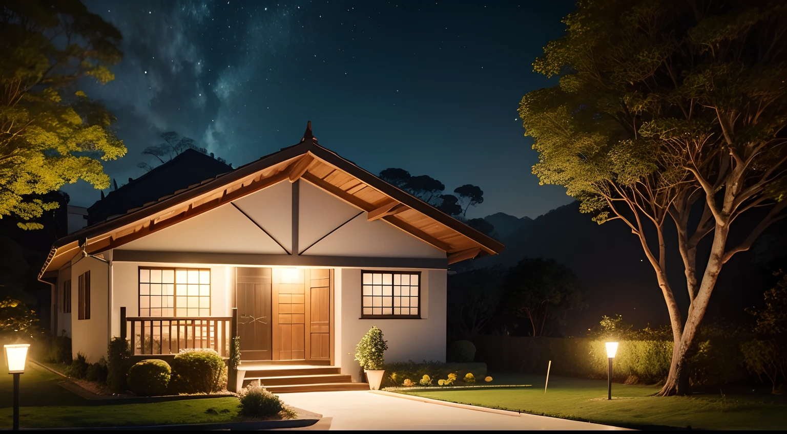 Casa no campo, no meio da floresta, campo gramado em volta, rio com peixes pulando, cinematic quality, night ligthning, Lumion Pro rendering.