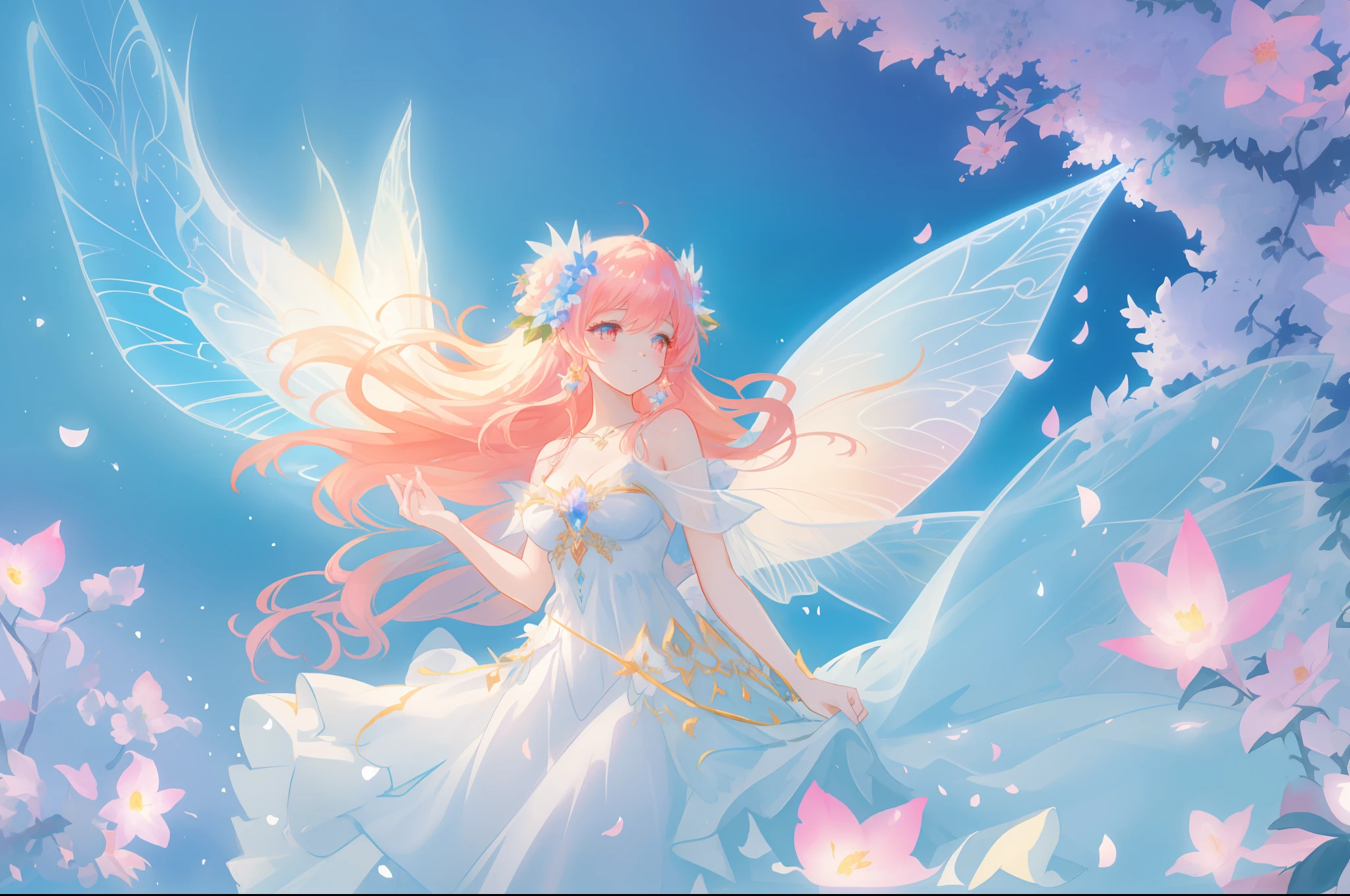 beautiful girl in flowing white dress, (glowing fairy wings), glowing flowing ballgown, long wavy hair, sparkling fairy wings, watercolor illustration, flowers and colorful plants, inspired by Glen Keane, inspired by Lois van Baarle, disney art style, by Lois van Baarle, glowing aura around her, by Glen Keane, jen bartel, glowing lights! digital painting, flowing glowing hair, glowing flowing hair, beautiful digital illustration, fantasia otherworldly landscape plants flowers, beautiful, masterpiece, best quality, anime disney style