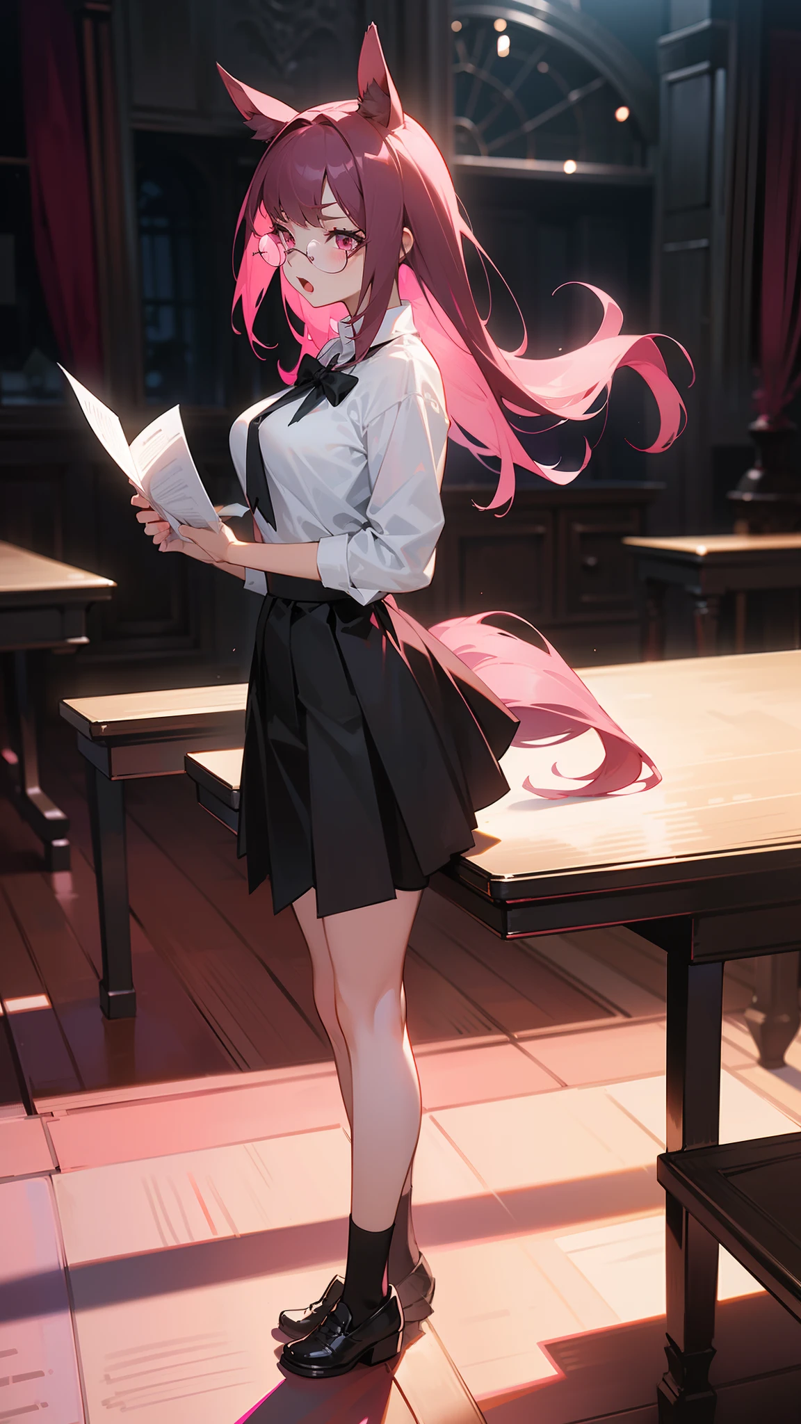 1girl,20s,solo,serious face,white school shirt,black skirt,medium tits,dark pink hair,long hair,pink eyes,horse ears,horse tail,holding paper,open mouth,glasses,table,(((standing in a room in night))),cowboy shot,night
