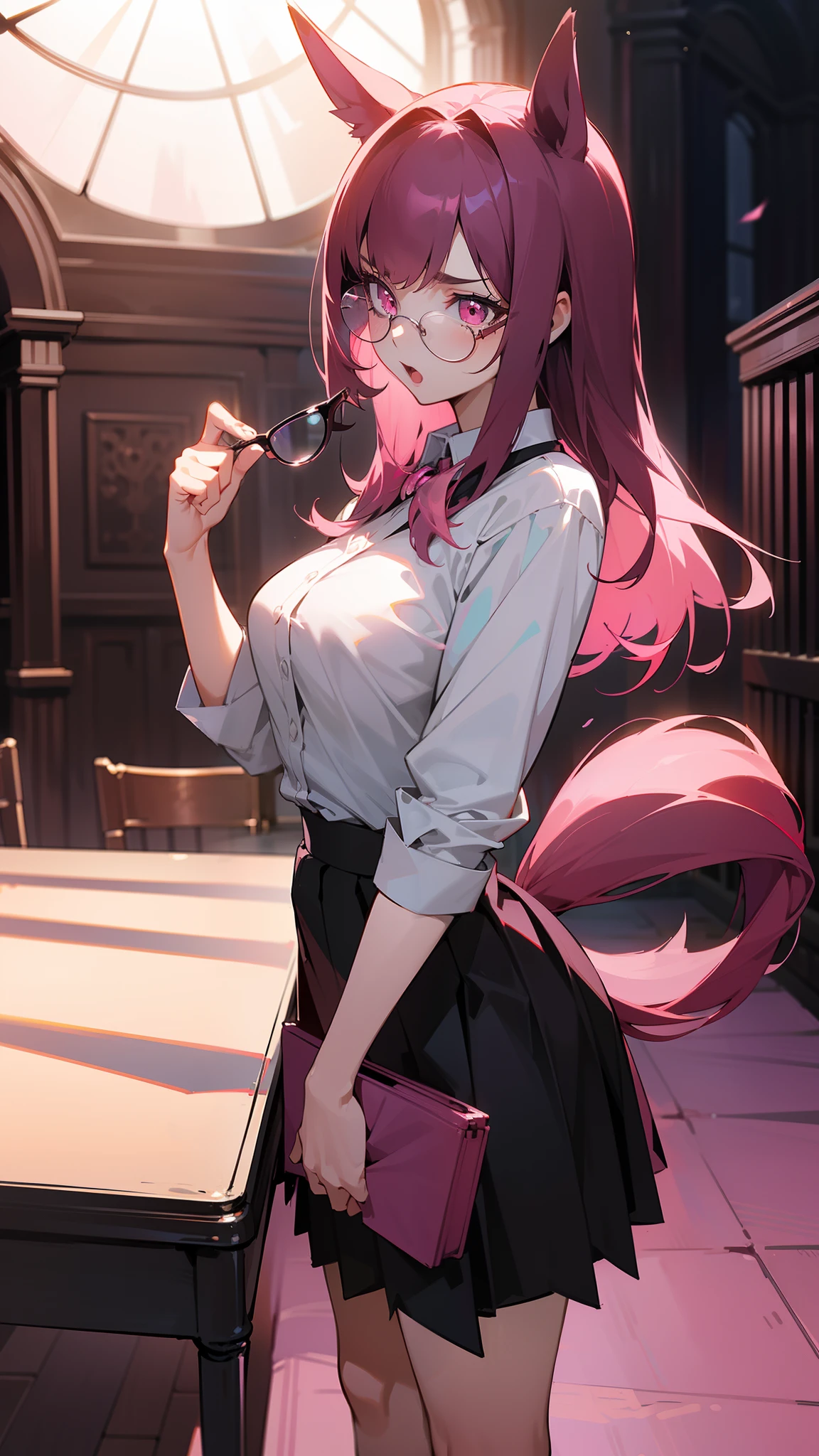 1girl,20s,solo,serious face,white school shirt,black skirt,medium tits,dark pink hair,long hair,pink eyes,horse ears,horse tail,holding paper,open mouth,glasses,table,(((standing in a room in night))),cowboy shot,night