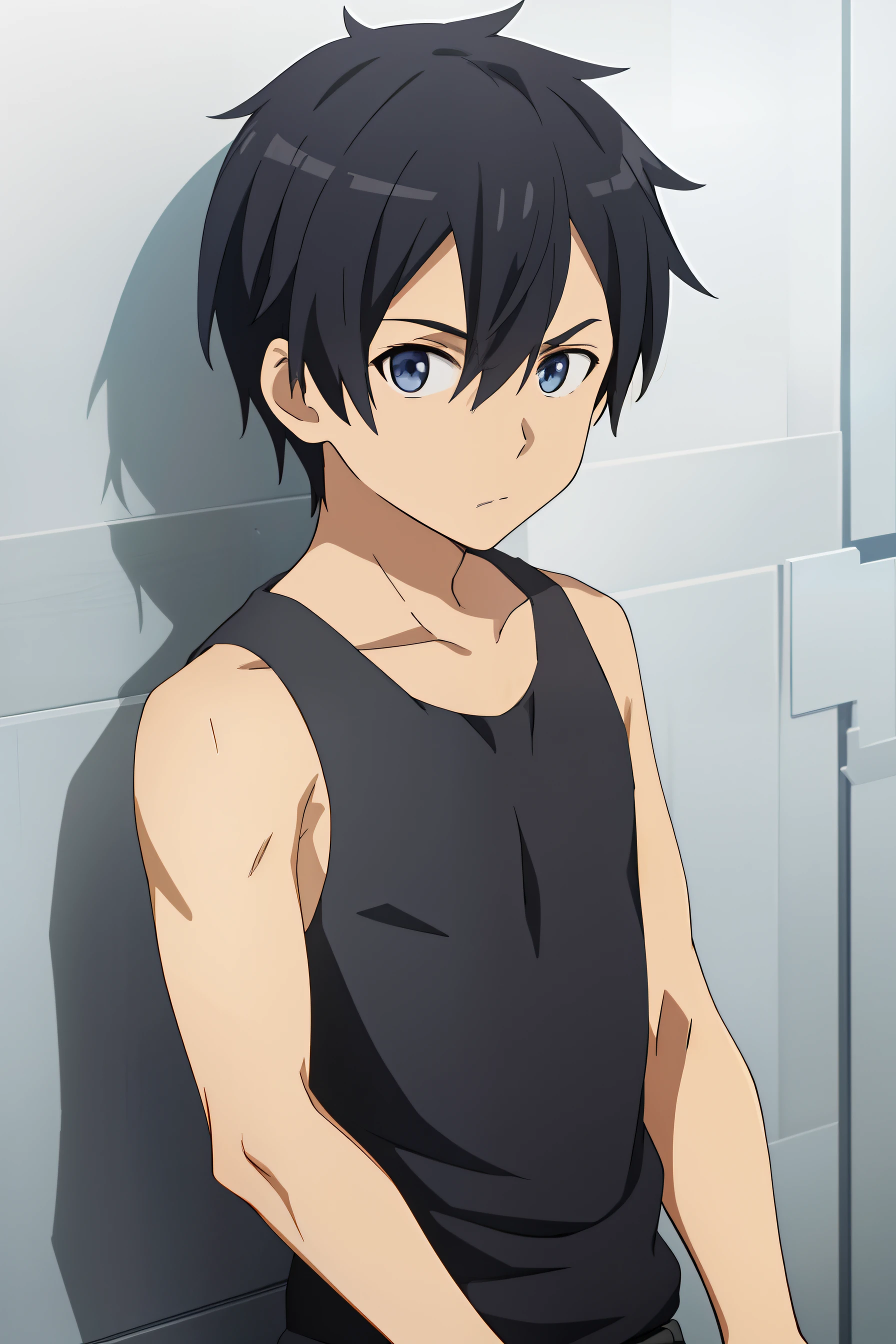 masterpiece, best quality, high quality, 1boy, solo, male focus, looking at viewer, upper body, kirito, tank top