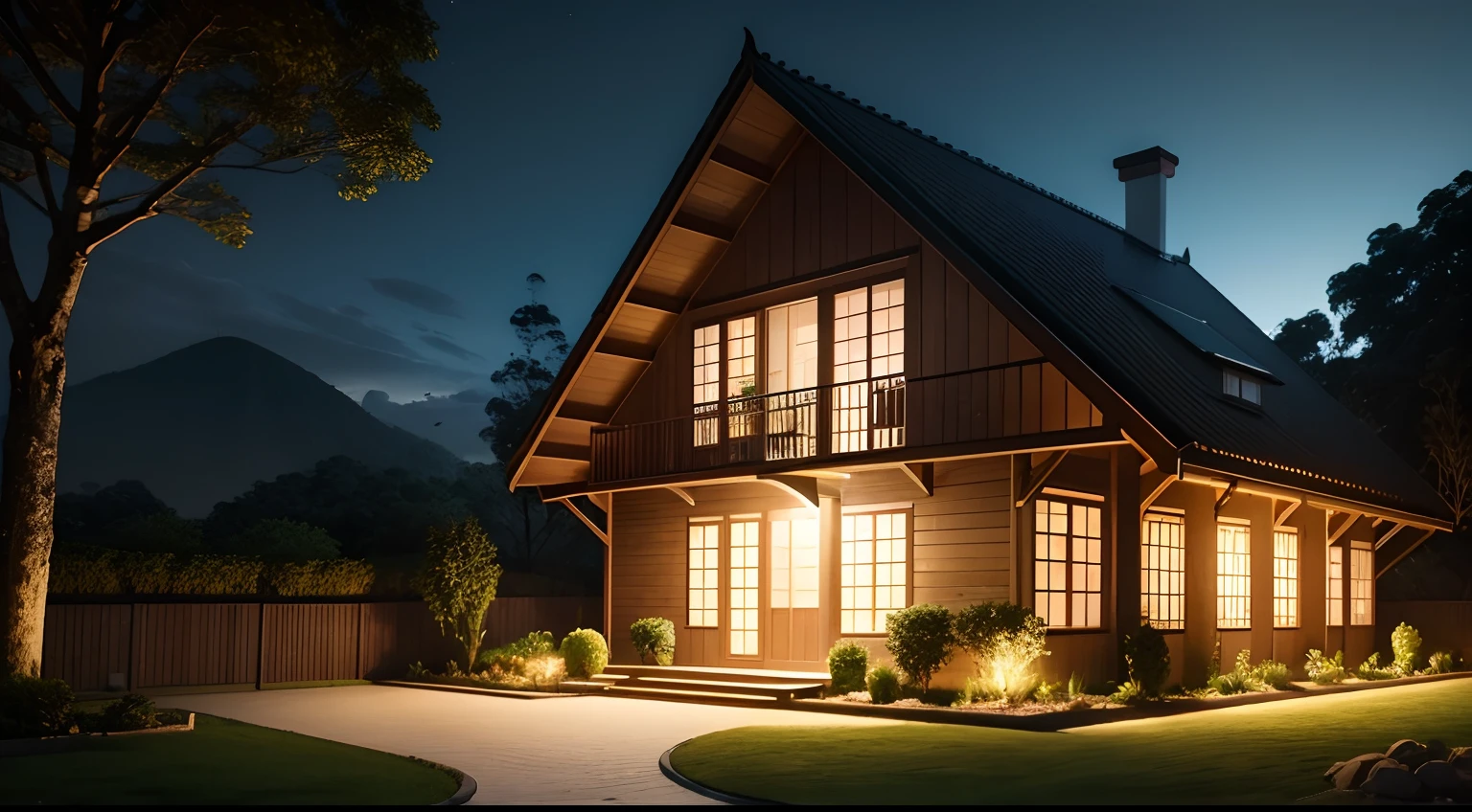 Casa no campo, no meio da floresta, campo gramado em volta, rio com peixes pulando, cinematic quality, night ligthning, Lumion Pro rendering.