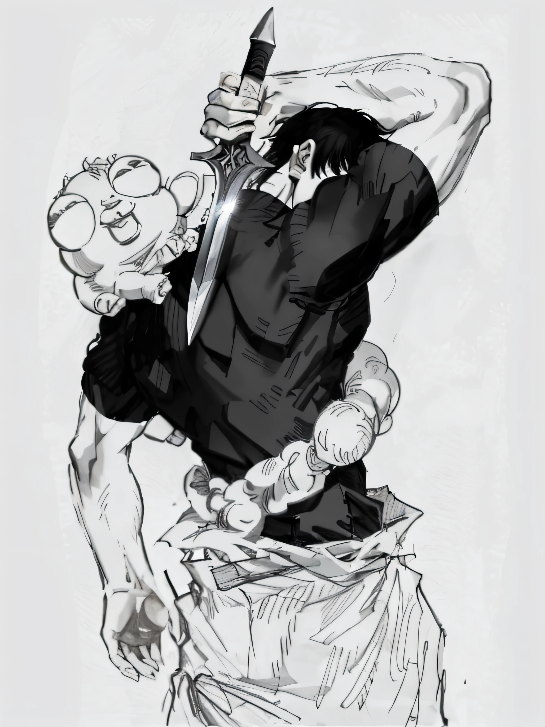 a drawing of a man holding a knife in his hand, estilo Baba, Baki o Grappler, kentaro miura manga art style, Baba, Engrenagem Luffy 5, pose mais forte, Estilo de tinta SF5, sf 5 estilo de tinta, Estilo Berserk, Ryu, Street Fighter, Arte de linha intensa, musculoso!!, kentaro miura manga style
