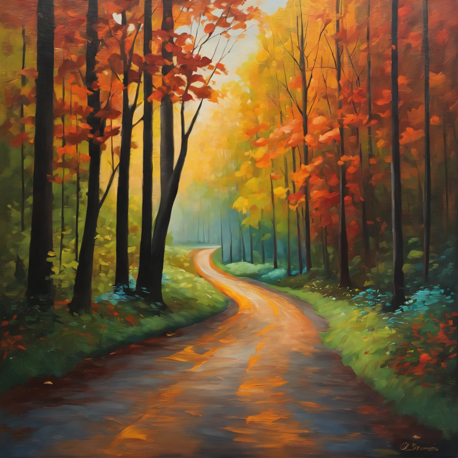 a painting of a road inside a forest with colorful trees , an oil on canvas painting by Olivia Peguero, behance contest winner, oil on canvas, acrylic art,