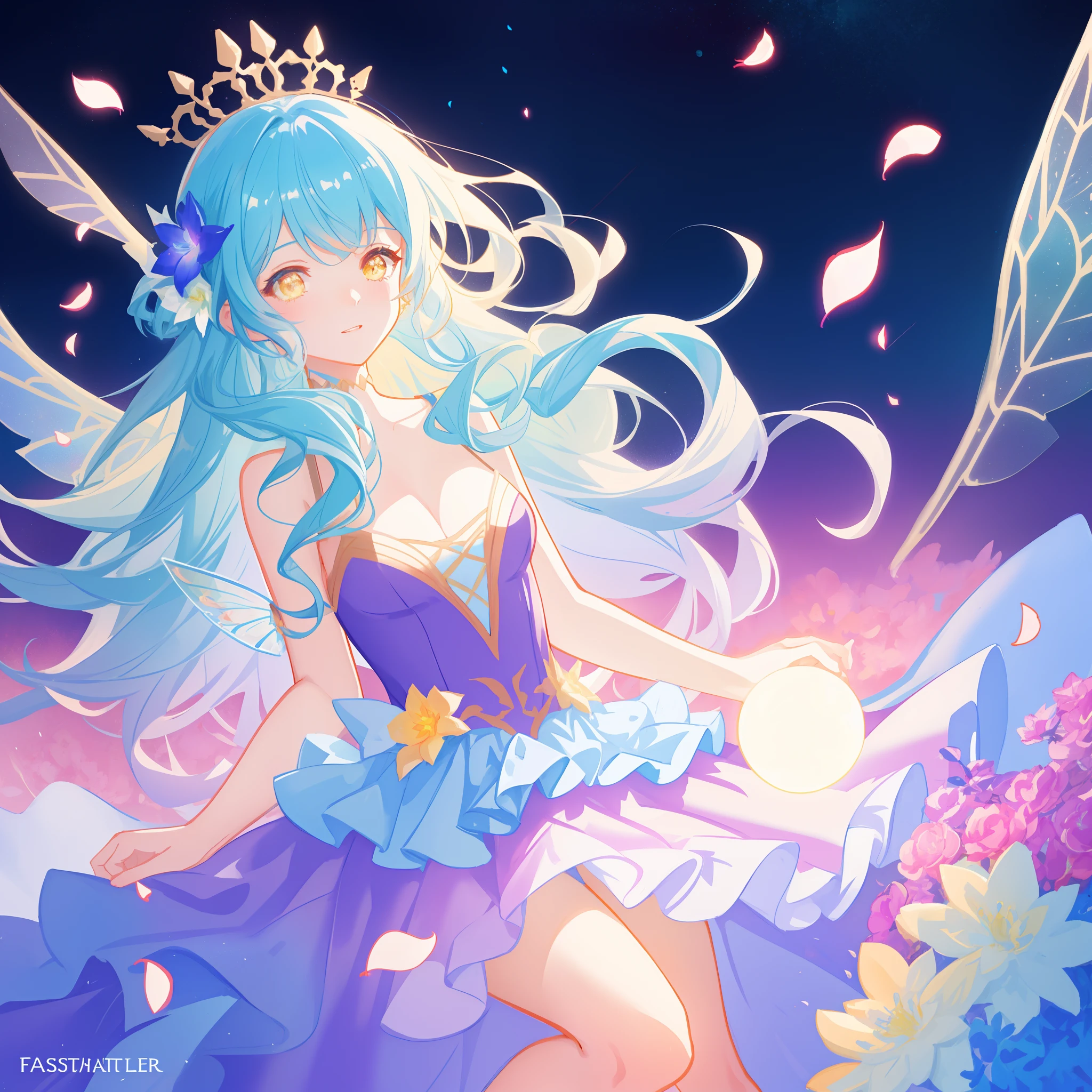 highest quality, Extremely detailed, beautiful, exquisite, 16k, Full HD, disorganized,soft expression,((light smile,Happy:1.5))((Sparkling fluffy layered ball gown)),A large and beautiful dress inspired by rose flowers, lots of flowers、frills、Intricate billowing ball gown with rhinestones ( table top, art station, fantasy art:1.2), See here,standing with an elegant smile,pastel colour,((giant white fairy wings))、gradient hair, light blue hair, hair blowing in the wind, wavy hair,fluffy hair,tiara,lavender eyes, long eyelashes, beautiful eyes、pale pink cheeks,pointy ears, bright pupils, long and thin legs, golden hour, bright light, warm lighting,