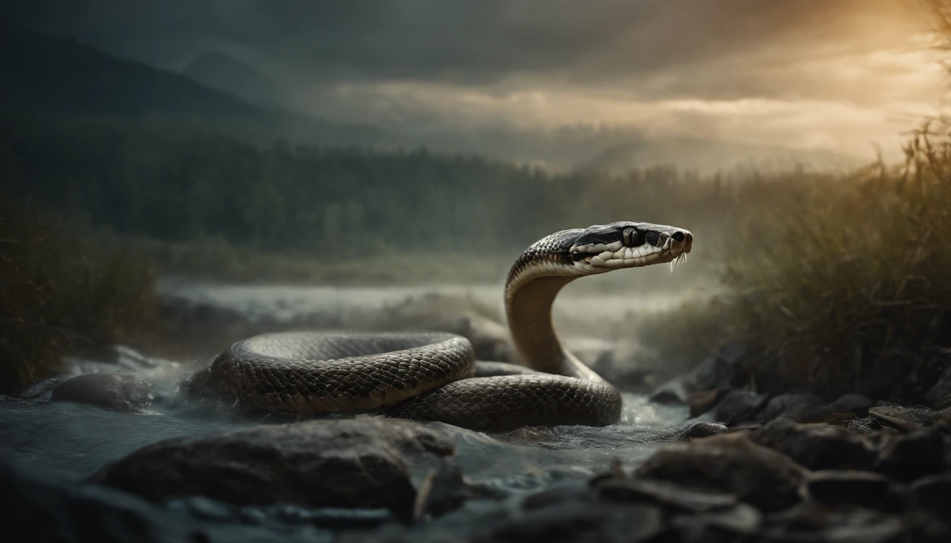 A giant snake vomits a river of water to drown the woman. Biblical image of the Apocalypse