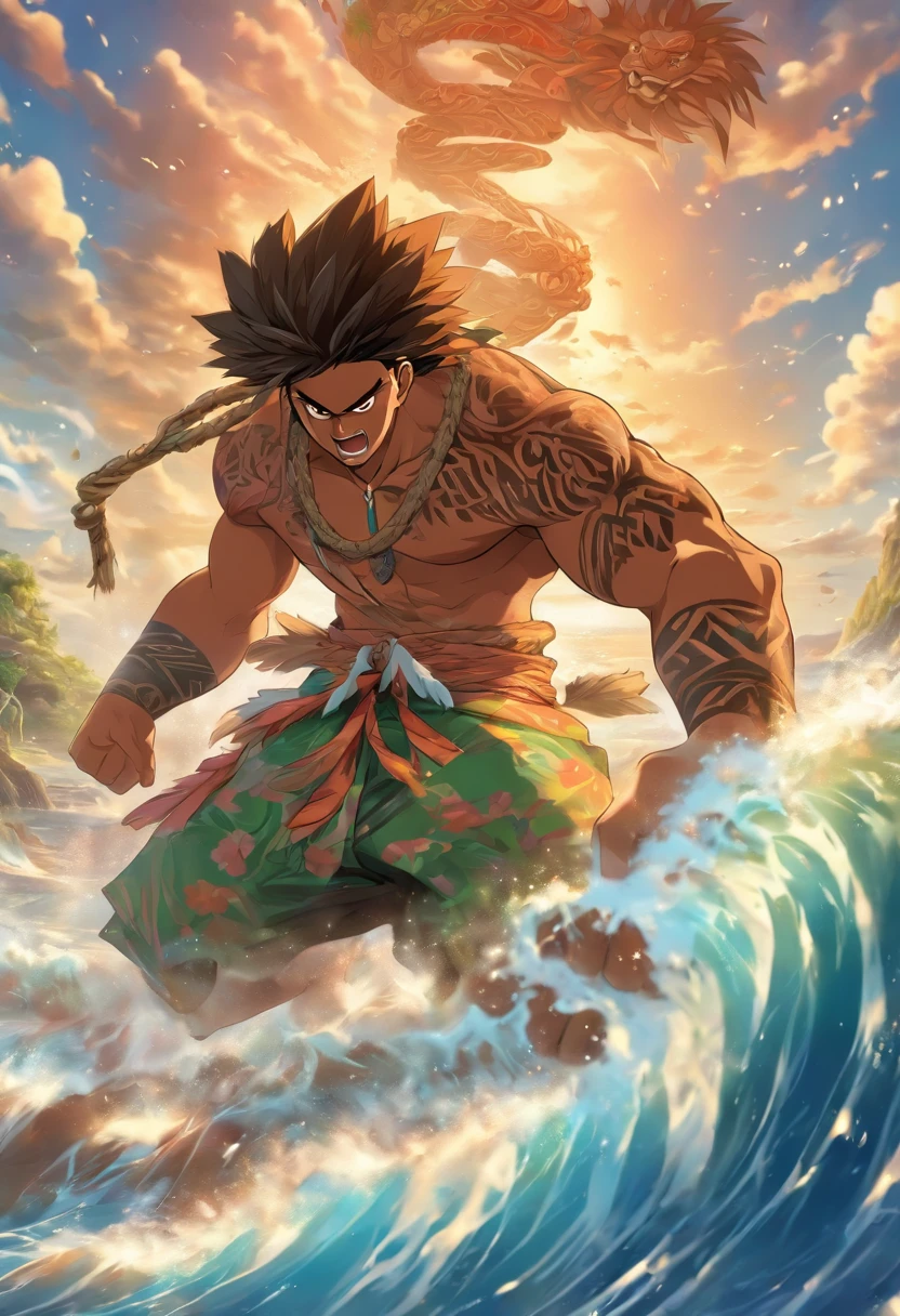 (((Man pulling an island)) best quality, ultra-high resolution, 4K detailed CG, master piece, Man, Young man, pulling the island, Facial expression of pain, Hawaiian clothing, Hawaii, Maori tattoos, Maori mythology, (( pulling rope)), Maori image style, aesthetic, screen-centered, full body
