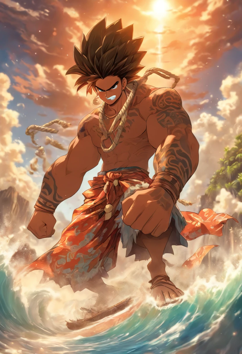 (((Man pulling a rope)) best quality, ultra-high resolution, 4K detailed CG, master piece, Man, Young, pulling, rope, hooking, looking at viewer, Hawaiian clothing, Hawaii, Maori tattoos, Maori mythology, ((close camera)), Maori picture style, aesthetic, screen-centered, full body