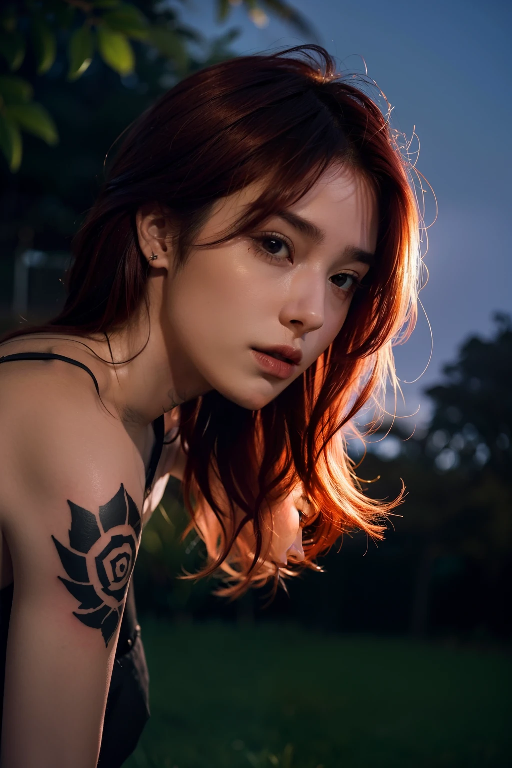 1 homem, sentado no campo admirando a lua ao anoitecer, Redhead and with tattoo on arm