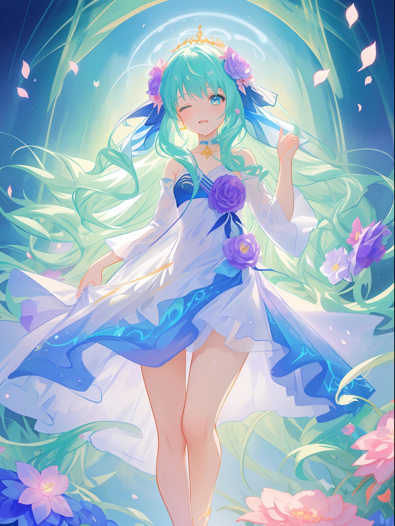 beautiful girl in fairy dress made of flower petals, beautiful fairy queen surrounded by colorful tiny pixies and fairies, glowing tiny fairies, (glowing fairy wings), glowing flowing ballgown, long wavy hair, sparkling fairy wings, watercolor illustration, flowers and colorful plants, inspired by Glen Keane, inspired by Lois van Baarle, disney art style, by Lois van Baarle, glowing aura around her, by Glen Keane, jen bartel, glowing lights! digital painting, flowing glowing hair, glowing flowing hair, beautiful digital illustration, fantasia otherworldly landscape plants flowers, beautiful, masterpiece, best quality, anime disney style