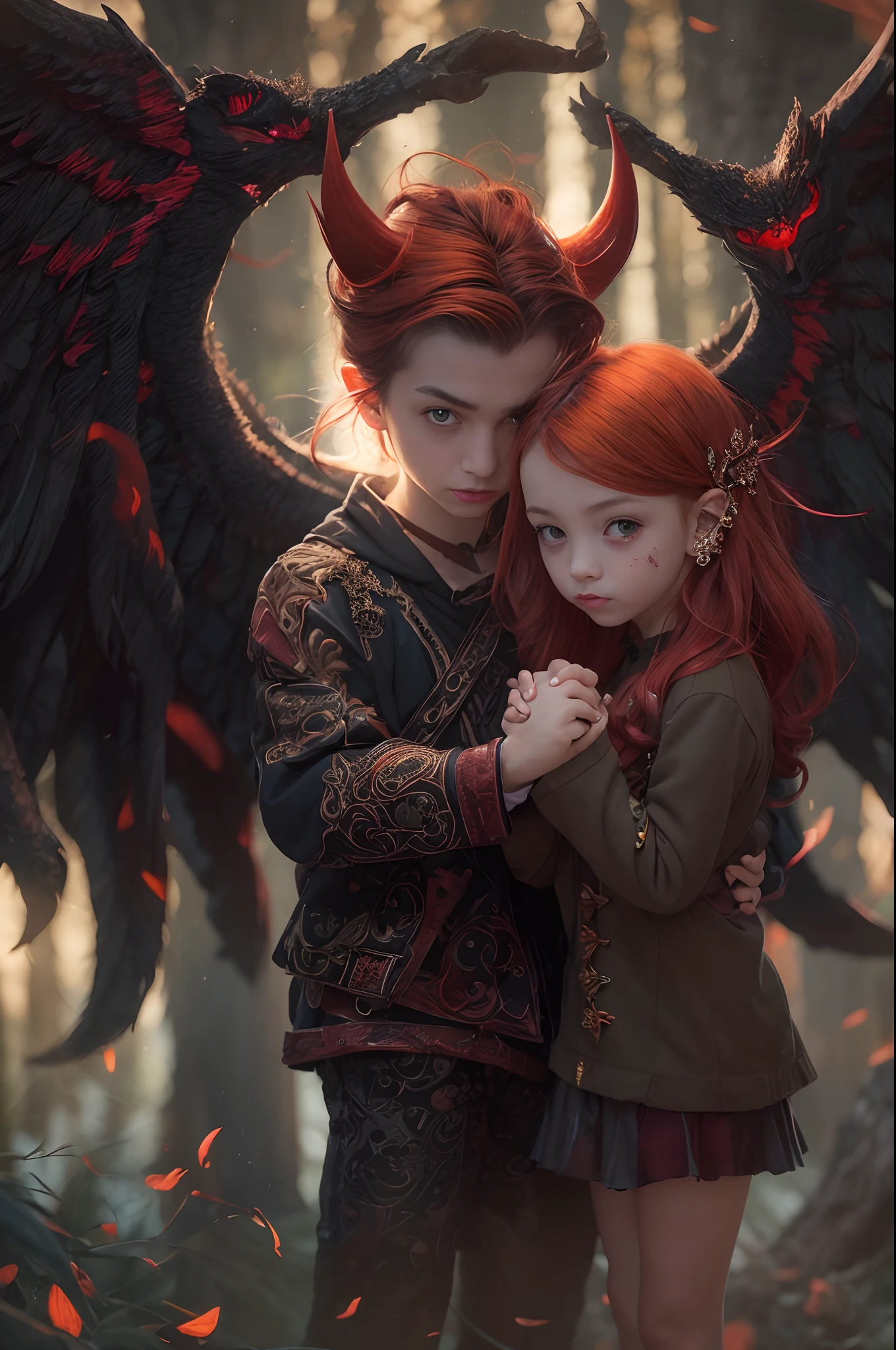 (best quality,4k,8k,highres,masterpiece:1.2),ultra-detailed,(realistic,photorealistic,photo-realistic:1.37),devil boy and girl holding hands,beautiful detailed eyes,beautiful detailed lips,demonic atmosphere,playful and mischievous expressions,dark and mysterious background,nighttime setting,gloomy lighting,sharp focus,dynamic poses,whimsical and colorful illustrations,creative shading techniques,fantasy art style,vivid colors,contrast between light and shadow,supernatural powers,enchanted forest,outfits in dark tones,cute and mischievous facial features,cartoonish yet detailed renderings,flaming red hair for the boy,long flowing hair for the girl,detailed and intricate accessories on their outfits,magical sparks and glowing effects around their hands,subtle hints of mischief in their expressions,joyful and mischievous atmosphere,amazing attention to detail,little devil horns on their heads,curved tails wrapped around their hands,demonic wings,evil grins,glowing yellow eyes,dark and mysterious aura,whimsical and dreamlike atmosphere,fantastical elements,enchanted forest as the backdrop,playful interaction between the boy and girl,expressive emotions,imagination at its best,captivating and dynamic artwork,a celebration of the supernatural,unleashing their magical powers,creating a sense of wonder and adventure with every stroke,artistic interpretation of an otherworldly bond between a devil boy and girl
Negative Prompts