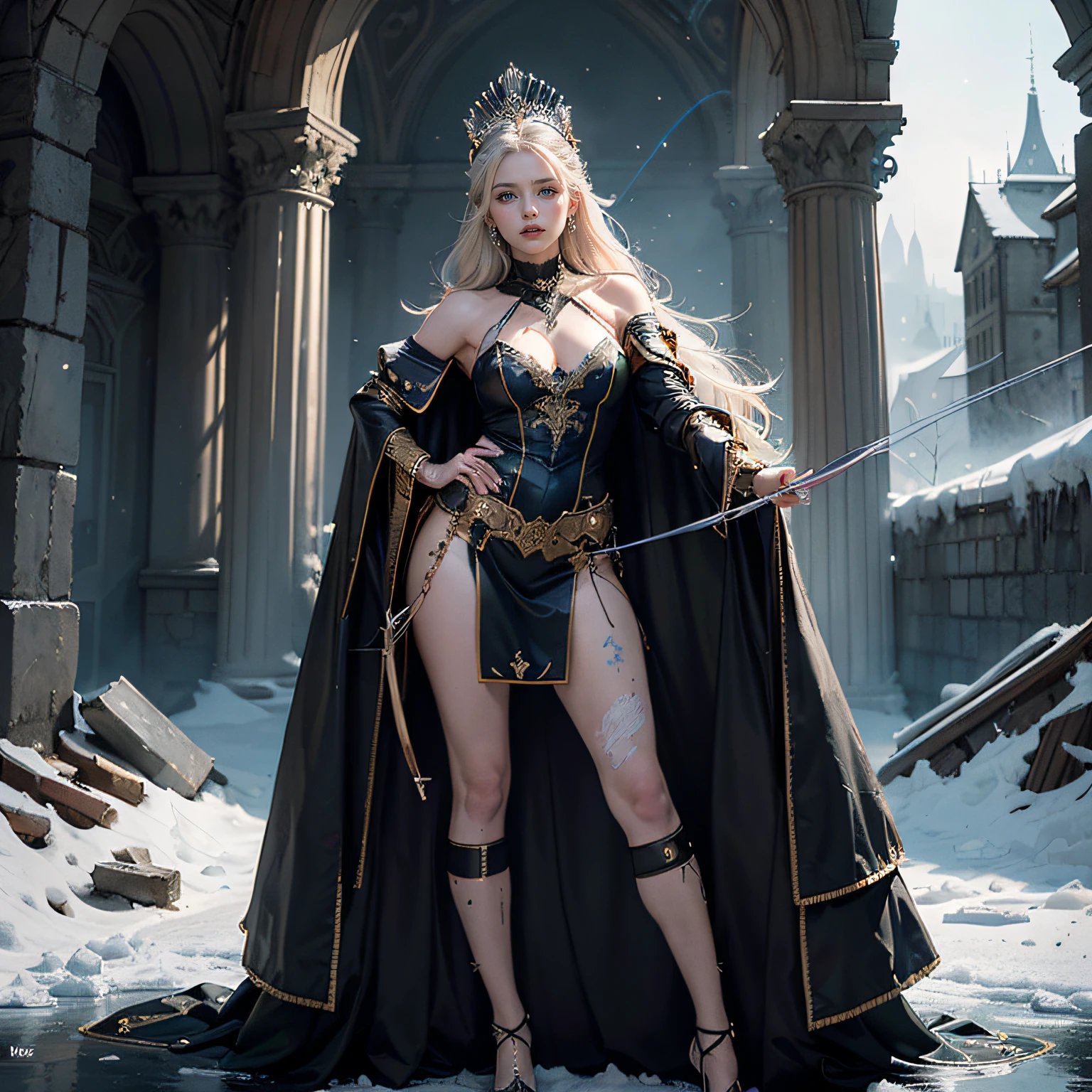 (Numerous award-winning masterpieces, with incredible detail, textures and maximum detail), (hyper realistic:1.4), (realistic:1.3), ((extreamely beautiful face features)),(best quality real texture skin), (Pale but beautiful face:1.8), (fine circular glowing blue eyes: 1.2), fantasy, ((dramatic photo)), ((dynamic photo)), highly detailed, ultra-realistic, intricate details, painting (artwork), ((masterpiece,best quality)), hyper realistic, dark fantasy , epic realistic, faded, ((neutral colors)), art, (hdr:1.5), (muted colors:1.2), hyper detailed, (art station:1.5), ((extremely beautiful white long hair)), ((queen's crown from a master craftmanship whith hight details with black and gold ornaments))