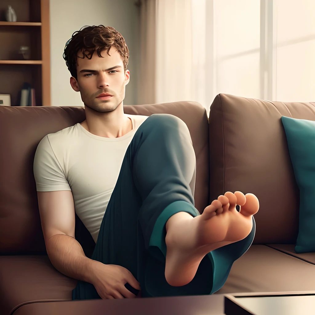 create man laying on a sofa with feet, blue sofa, Jamie Dornan, Wearing a tunic,, (Brunette with model face), wearing dark beard, dark short hair, man similar to actor jamie dornan, (high quality and realistic image), cinematic style, ((Best quality, 8k, Masterpiece).