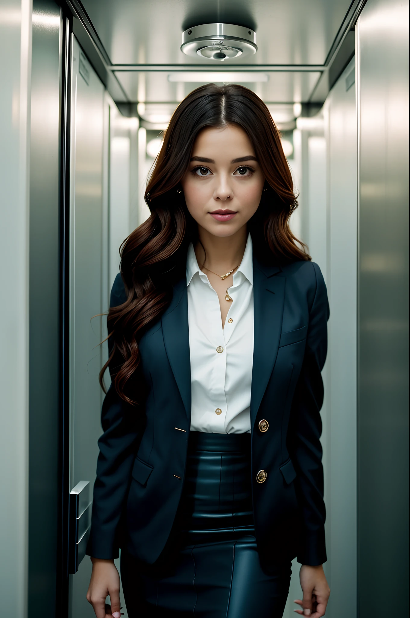 In the small, enclosed space of an elevator::8, a woman finds herself alone. She is of medium height::7, with long chestnut hair::7 cascading down her back, dressed in a chic, business casual attire::7 comprising a sharp blazer and pencil skirt. Her eyes, a vivid cerulean blue, are trained on the elevator buttons, her finger hovering over the one indicating her destination floor. The atmosphere in the elevator is calm yet expectant, as if the woman is heading off to an important meeting. The light in the elevator throws soft shadows::7, catching the highlights in her hair and the shine of her polished blazer. Capture this everyday scene with an intimate glimpse into an elevator ride. Use a camera that excels in indoor lighting, such as the Canon EOS-1D X Mark III, with a moderately shallow depth of field (f/2.8) to emphasize the woman against the elevator interior. Opt for soft lighting to gently illuminate the woman, accentuating the details of her outfit and softening her features.