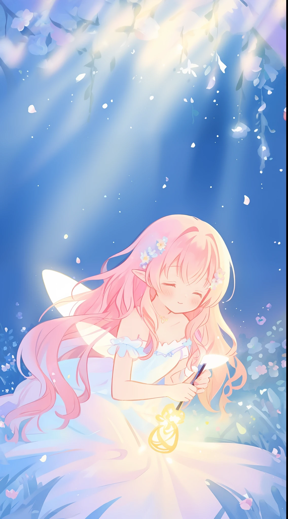 beautiful girl in fairy dress made of flower petals, beautiful fairy queen, glowing fairy lights, (glowing fairy wings), long wavy hair, sparkling fairy wings, watercolor illustration, flowers and colorful plants, inspired by Glen Keane, inspired by Lois van Baarle, disney art style, by Lois van Baarle, glowing aura around her, by Glen Keane, jen bartel, glowing lights! digital painting, flowing glowing hair, glowing flowing hair, beautiful digital illustration, fantasia otherworldly landscape plants flowers, beautiful, masterpiece, best quality, anime disney style