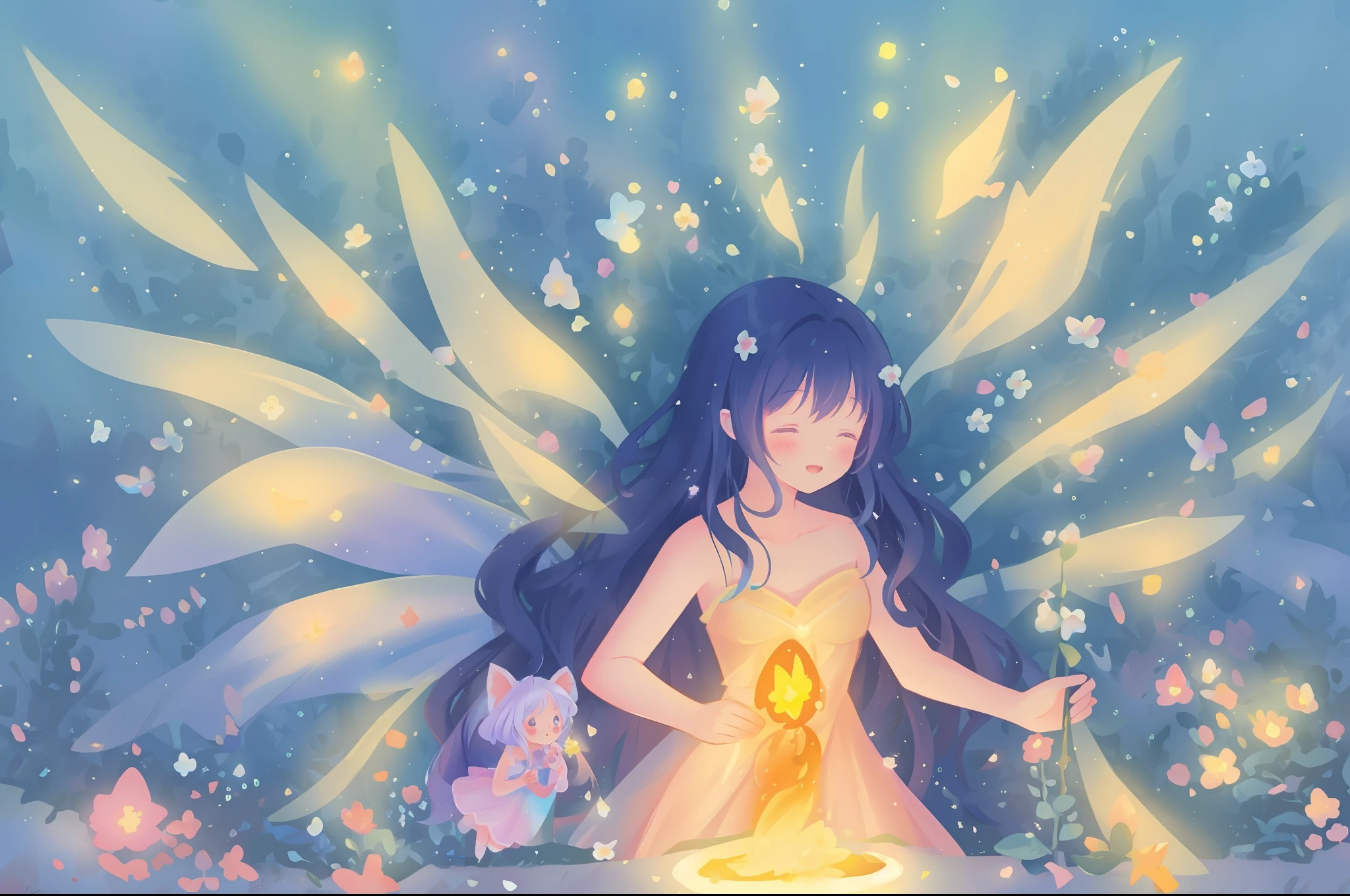 beautiful girl in fairy dress made of flower petals, beautiful fairy queen, glowing fairy lights, (glowing fairy wings), long wavy hair, sparkling fairy wings, watercolor illustration, flowers and colorful plants, inspired by Glen Keane, inspired by Lois van Baarle, disney art style, by Lois van Baarle, glowing aura around her, by Glen Keane, jen bartel, glowing lights! digital painting, flowing glowing hair, glowing flowing hair, beautiful digital illustration, fantasia otherworldly landscape plants flowers, beautiful, masterpiece, best quality, anime disney style