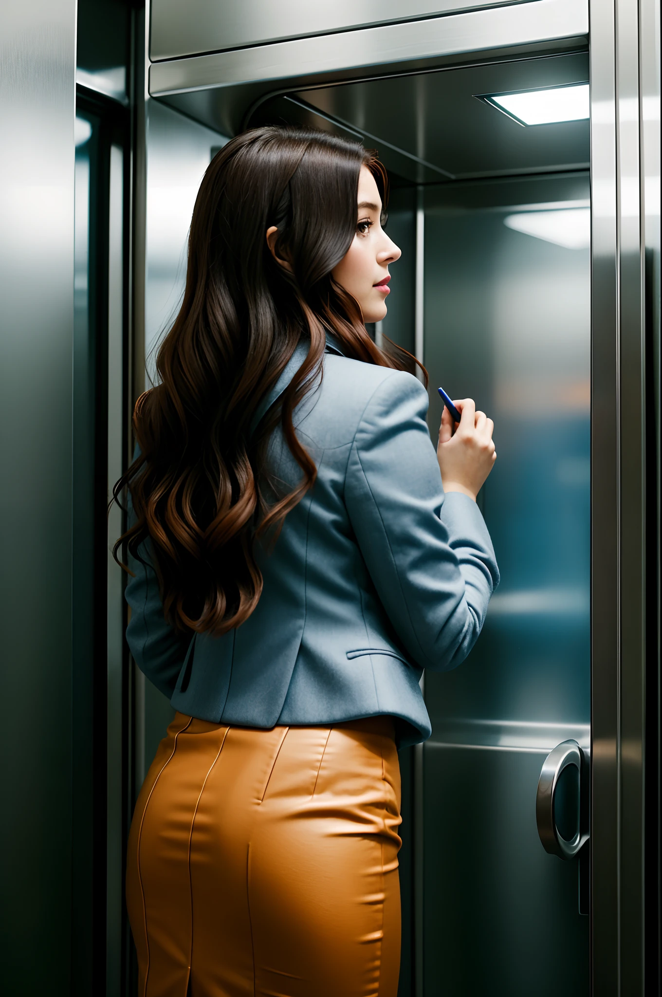 In the small, enclosed space of an elevator::8, a woman finds herself alone. She is of medium height::7, with long chestnut hair::7 cascading down her back, dressed in a chic, business casual attire::7 comprising a sharp blazer and pencil skirt. Her eyes, a vivid cerulean blue, are trained on the elevator buttons, her finger hovering over the one indicating her destination floor. The atmosphere in the elevator is calm yet expectant, as if the woman is heading off to an important meeting. The light in the elevator throws soft shadows::7, catching the highlights in her hair and the shine of her polished blazer. Capture this everyday scene with an intimate glimpse into an elevator ride. Use a camera that excels in indoor lighting, such as the Canon EOS-1D X Mark III, with a moderately shallow depth of field (f/2.8) to emphasize the woman against the elevator interior. Opt for soft lighting to gently illuminate the woman, accentuating the details of her outfit and softening her features.