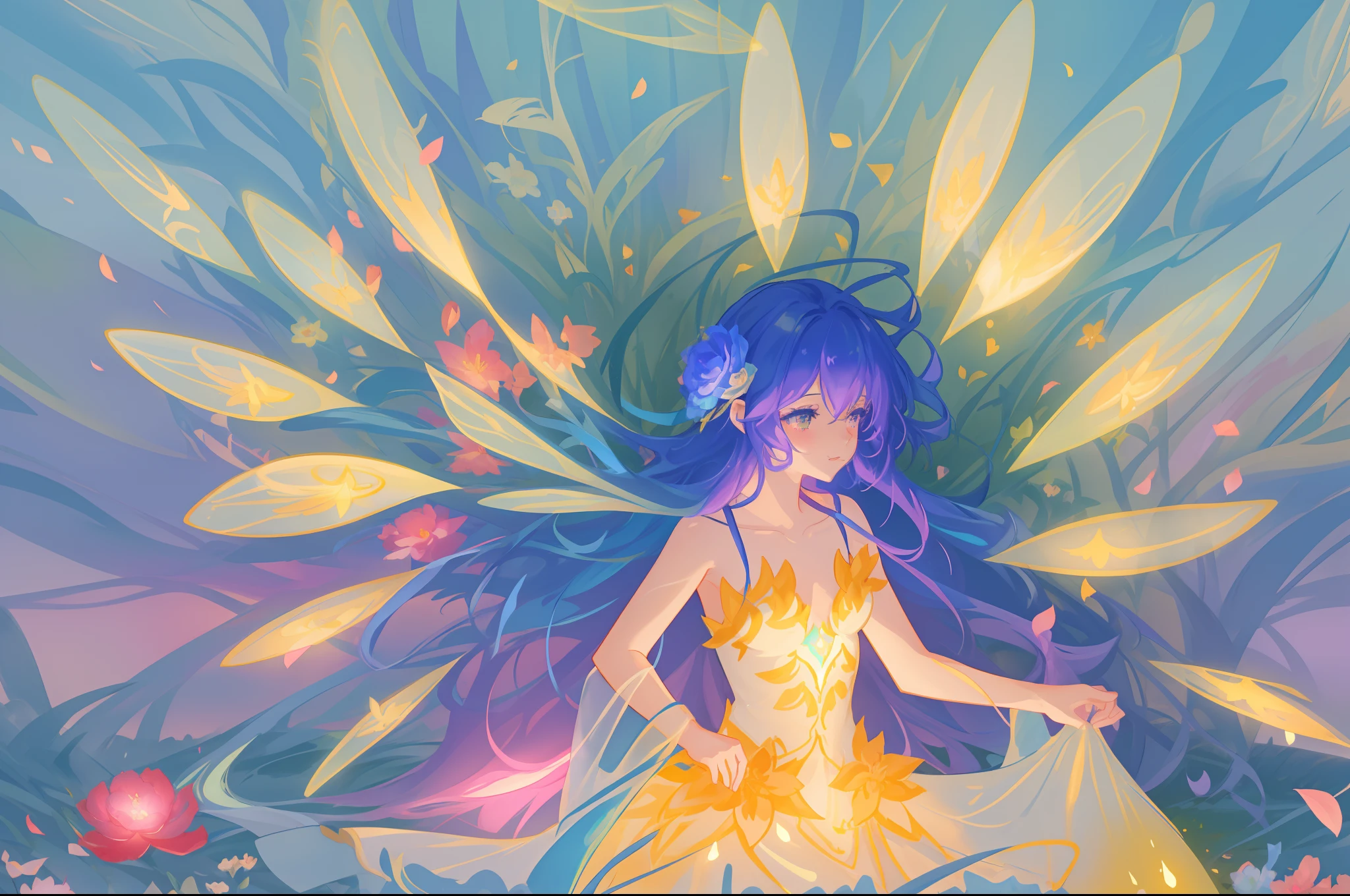 beautiful girl in fairy dress made of flower petals, beautiful fairy queen surrounded by colorful tiny pixies and fairies, glowing tiny fairies, (glowing fairy wings), glowing flowing ballgown, long wavy hair, sparkling fairy wings, watercolor illustration, flowers and colorful plants, inspired by Glen Keane, inspired by Lois van Baarle, disney art style, by Lois van Baarle, glowing aura around her, by Glen Keane, jen bartel, glowing lights! digital painting, flowing glowing hair, glowing flowing hair, beautiful digital illustration, fantasia otherworldly landscape plants flowers, beautiful, masterpiece, best quality, anime disney style