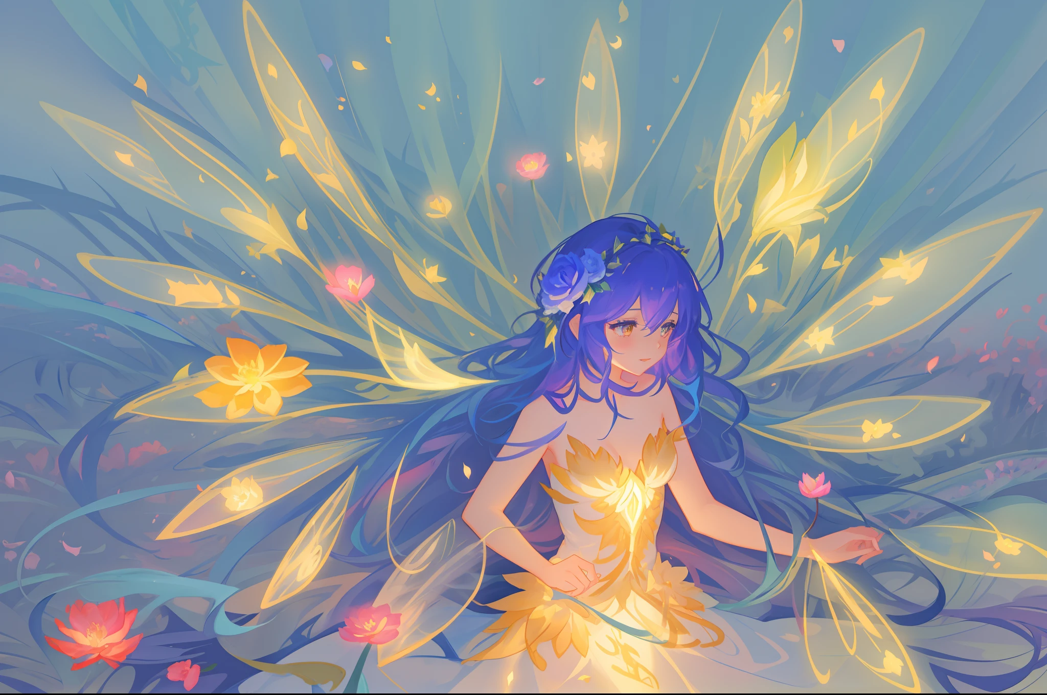 beautiful girl in fairy dress made of flower petals, beautiful fairy queen surrounded by colorful tiny pixies and fairies, glowing tiny fairies, (glowing fairy wings), glowing flowing ballgown, long wavy hair, sparkling fairy wings, watercolor illustration, flowers and colorful plants, inspired by Glen Keane, inspired by Lois van Baarle, disney art style, by Lois van Baarle, glowing aura around her, by Glen Keane, jen bartel, glowing lights! digital painting, flowing glowing hair, glowing flowing hair, beautiful digital illustration, fantasia otherworldly landscape plants flowers, beautiful, masterpiece, best quality, anime disney style