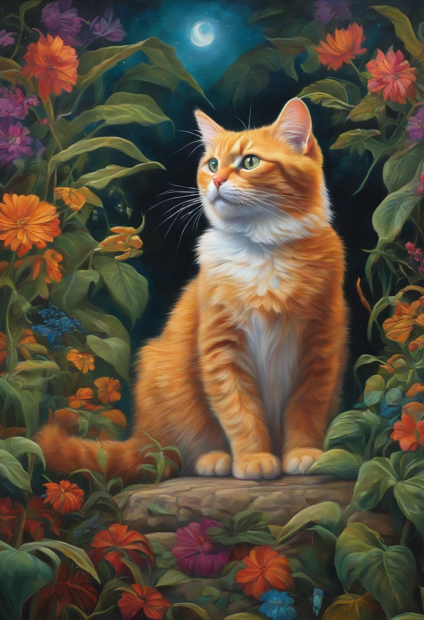 A completely struck cat searches for the prehistoric quantum on a psychedelic artist's painting