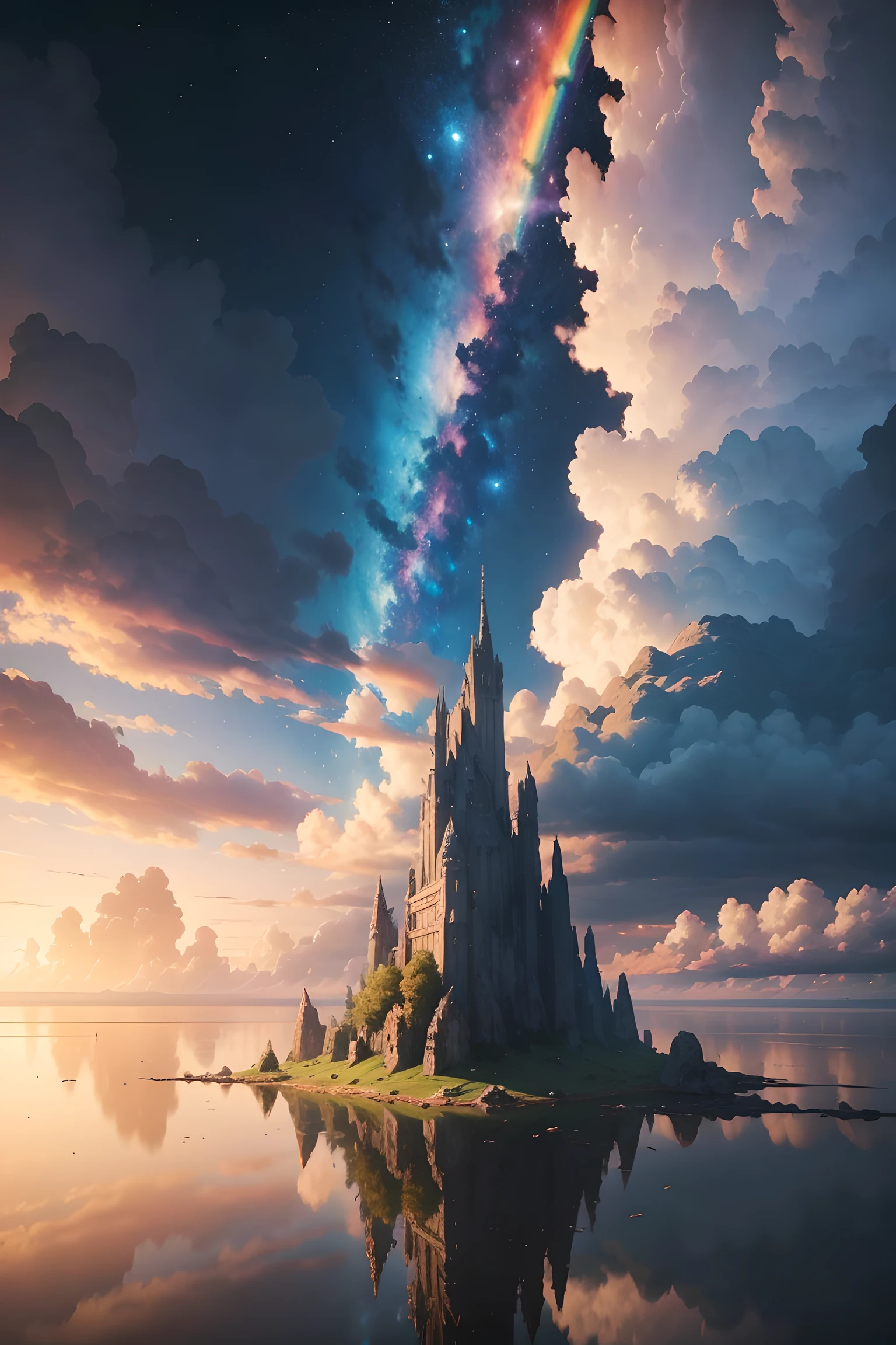 Best quality, masterpiece, realistic, extremely detailed CG Unity 8k wallpaper, Ultra high pixel, high detail, super high resolution, 16K ultra HD, Official art,Rainbow in the sky, beautiful landscape,